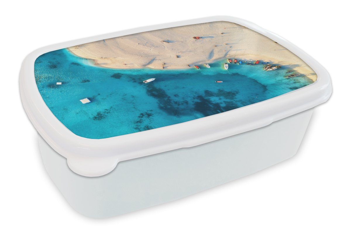 MuchoWow Lunchbox Strand - Boot - Meer, Kunststoff, (2-tlg), Brotbox für Kinder und Erwachsene, Brotdose, für Jungs und Mädchen weiß