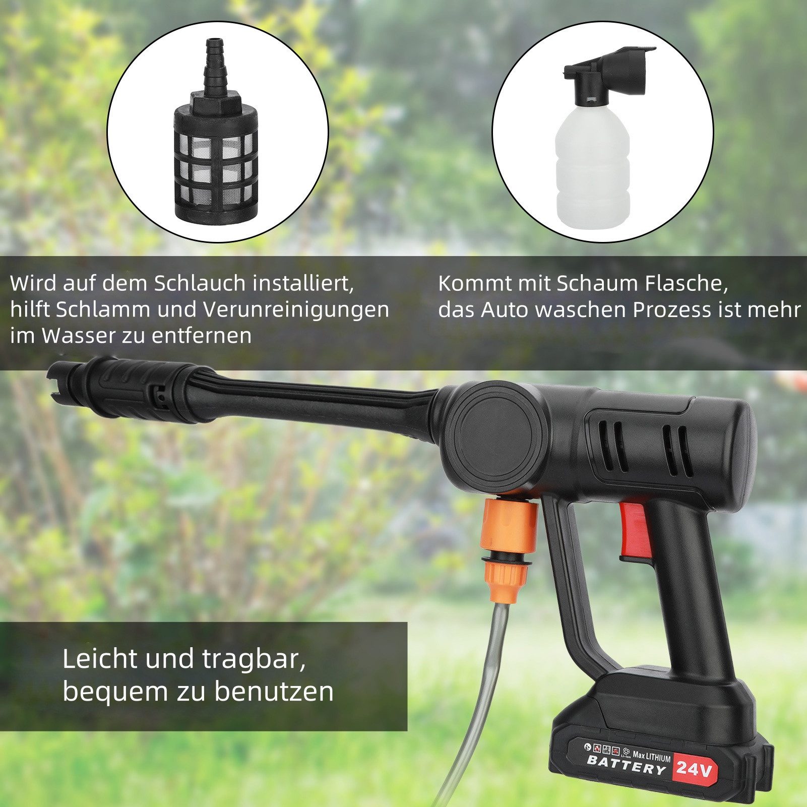 Rutaqian Akku-Hochdruckreiniger Verstellbare Düse 2 Batterien 1 Ladegerät mit Eimer Wasserleitung, Druck max: 50 bar, 300w Akku Hochdruckreiniger, Bürstenlose Tragbarer Hochdruckreiniger