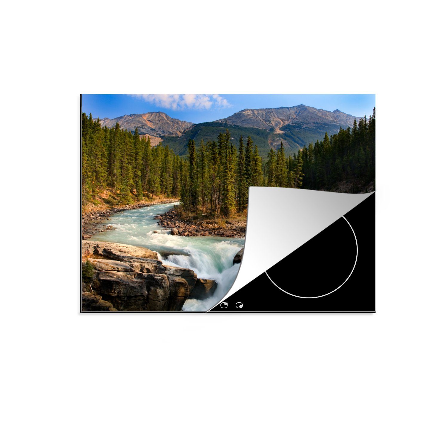 MuchoWow Herdblende-/Abdeckplatte Fluss im Jasper National Park, Nordamerika, Vinyl, (1 tlg), 71x52 cm, Induktionskochfeld Schutz für die küche, Ceranfeldabdeckung