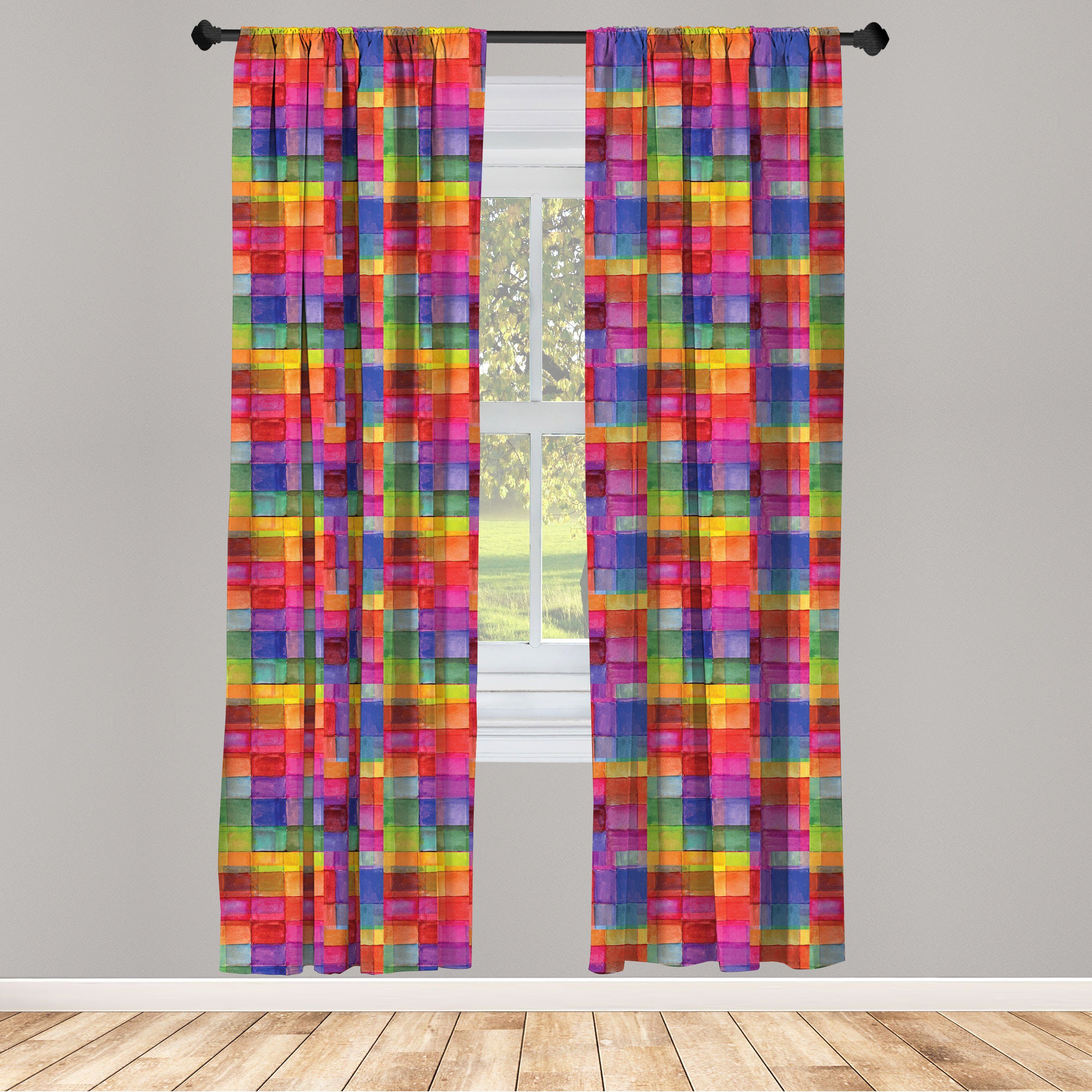 Gardine Vorhang für Wohnzimmer Schlafzimmer Dekor, Abakuhaus, Microfaser, Abstrakt Regenbogen-Farben-Quadrate