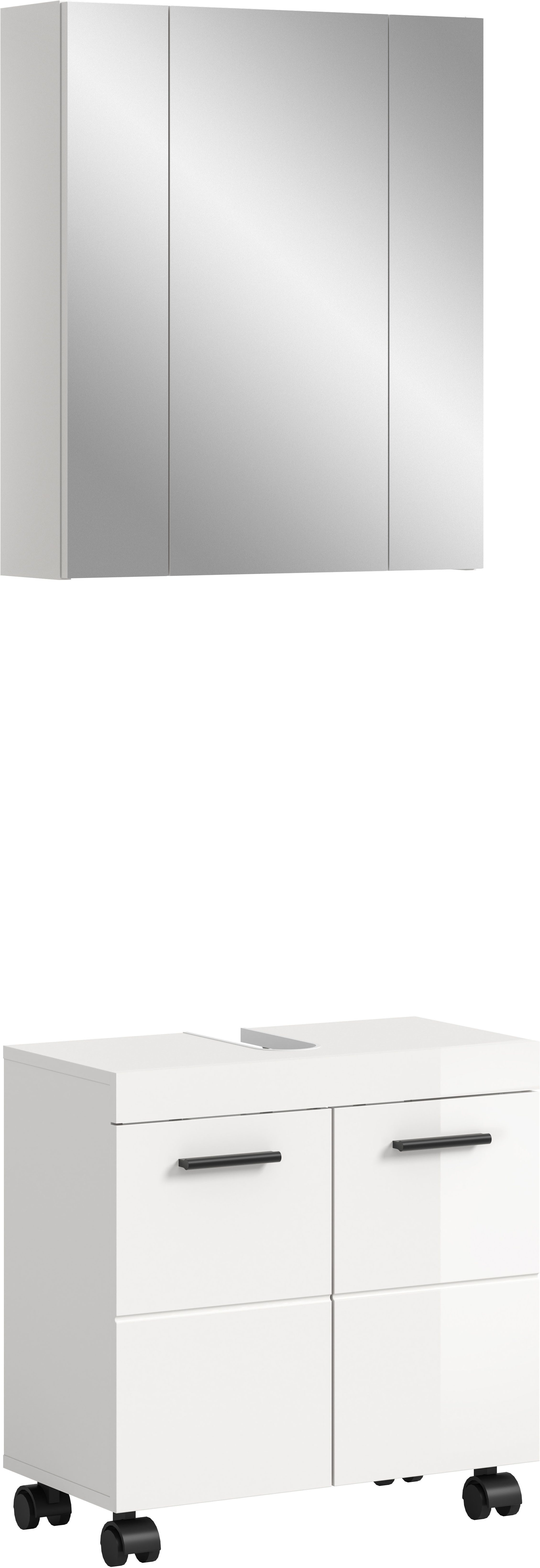 welltime Badmöbel-Set AVON, Breite 60 cm, 2-teilige moderne Badkombination, auf Rollen, (2-St., bestehend aus: Waschbeckenunterschrank & Spiegelschrank), Bad-Kombination, Bad-Möbel, Badezimmer, Kombination, Kombi, Bad-Set