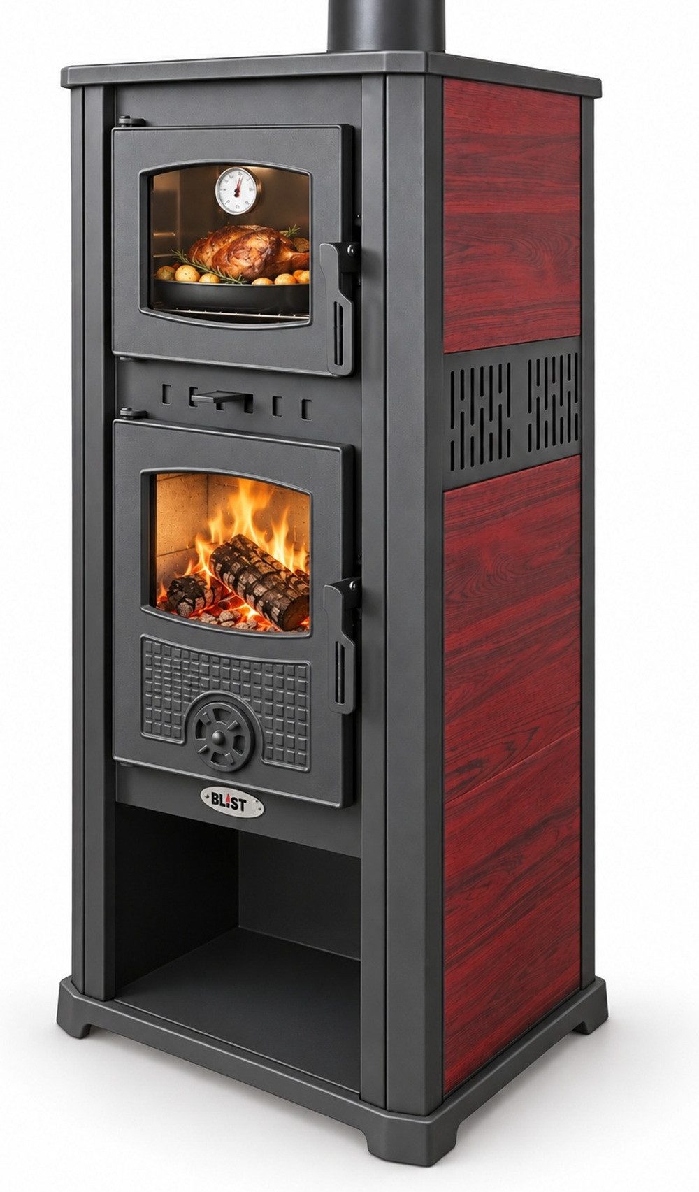 Blist Kaminofen ROMA G mit Backfach - bordeaux mit Keramikverkleidung, 8.3 kW