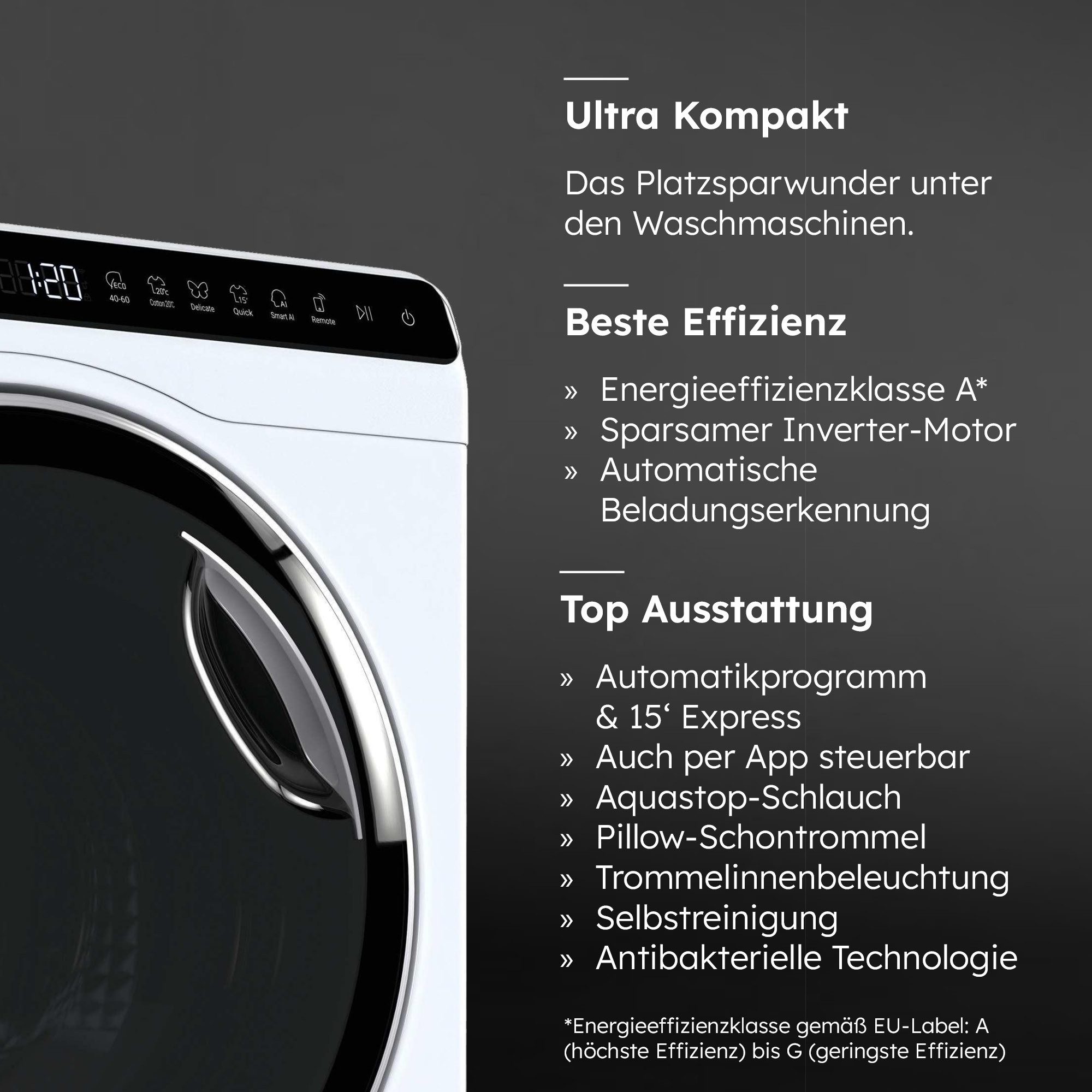 Haier Mini-Waschmaschine HW50-BP12307U1-S, 5 kg, 1200 U/min, besonders kompakte Maße (70 cm Höhe, 51 cm Breite)