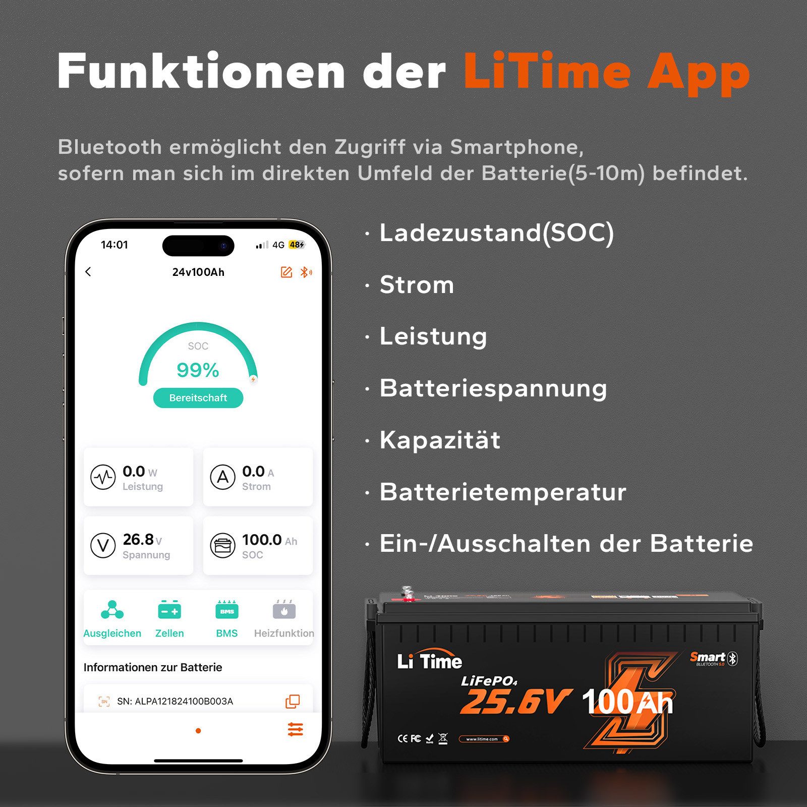 LiTime 24V 100Ah LiFePO4 Batterie mit Bluetooth und BMS 2560Wh Solarakkus (24 V), PV Stromspeicher für Wohnmobile/Notstromversorgung/Gartenarbeit