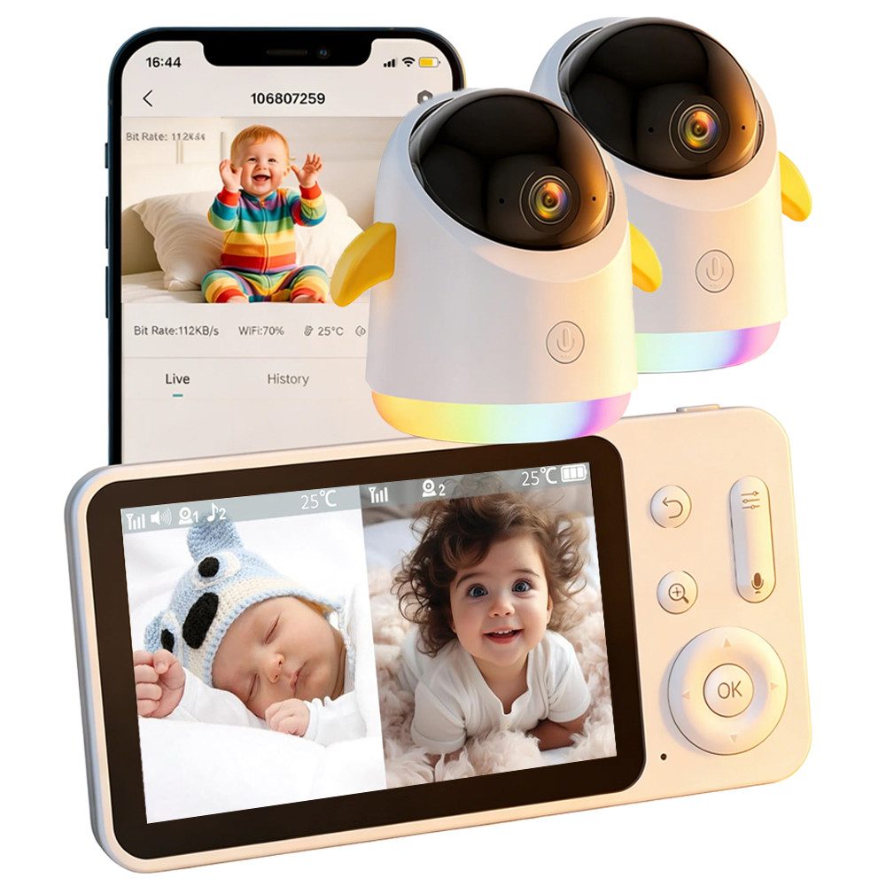 TWUFY Video-Babyphone 5,0 Zoll Babyphone mit 2 Kameras und APP Baby-Monitor mit Split-Screen, IR/RGB Nachtsicht, Weinen/Bewegungs/Geräuscherkennung, Alarme, Temperaturanzeige, LCD-Monitor (ohne WLAN) und mobiler App (WLAN erforderlich), Automatische Verfo