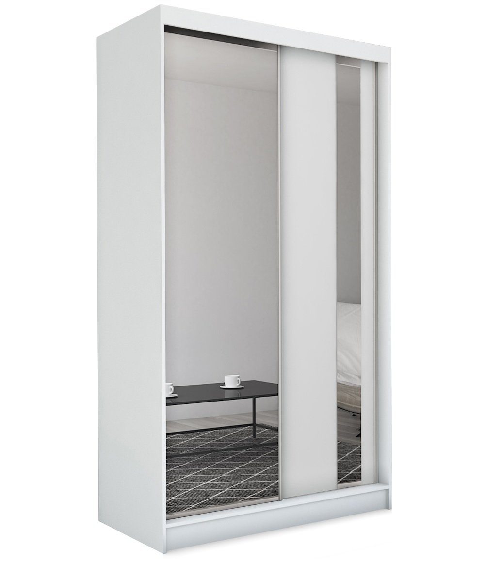 breite, 150 cm SANDY mit Compleo Schwebetürenschrank Kleiderschrank, Spiegel, Weiß Garderobe) Modern (120,