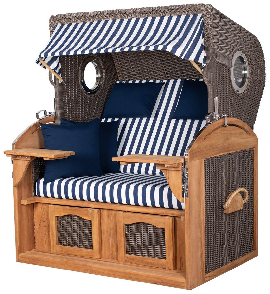 bene living Strandkorb Borkum XL Teak - PE grau - Modell 518, BxTxH: 142x95x170 cm, Volllieger ca. 180 Grad, Nordsee-Strandkorb Komplettset, inkl. Liftersystem und Bullaugen