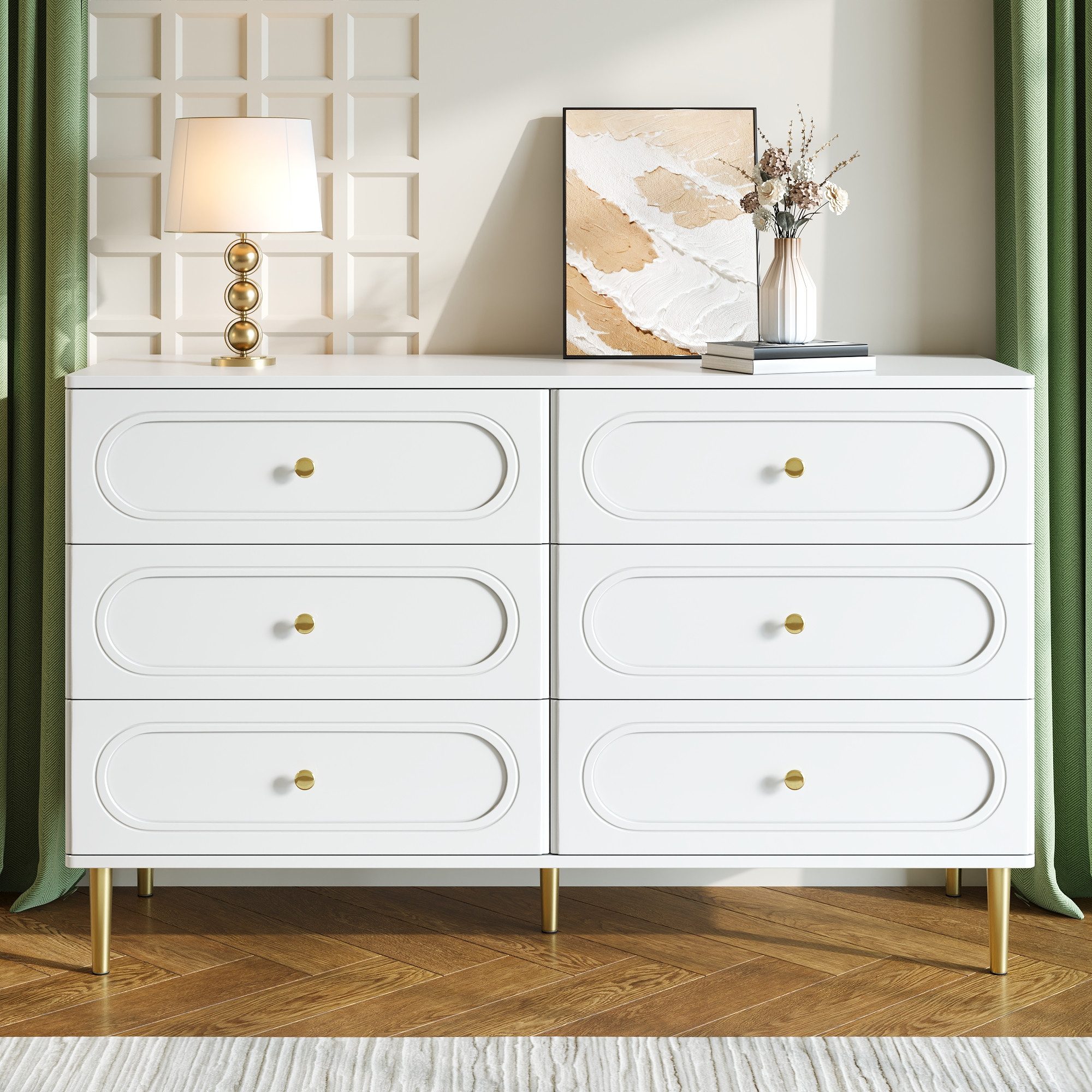 STILVORA Sideboard in Weiß Aufbewahrungsschrank Kommode mit Metallfüße (Kommode mit 6 Schubladen und Metallfüßen, moderner Stil, Ovalen Vertiefungen, Metallgriffe, stabile Metallfüße modern), für Wohnzimmer, Schlafzimmer, Flur, moderne Aufbewahrung
