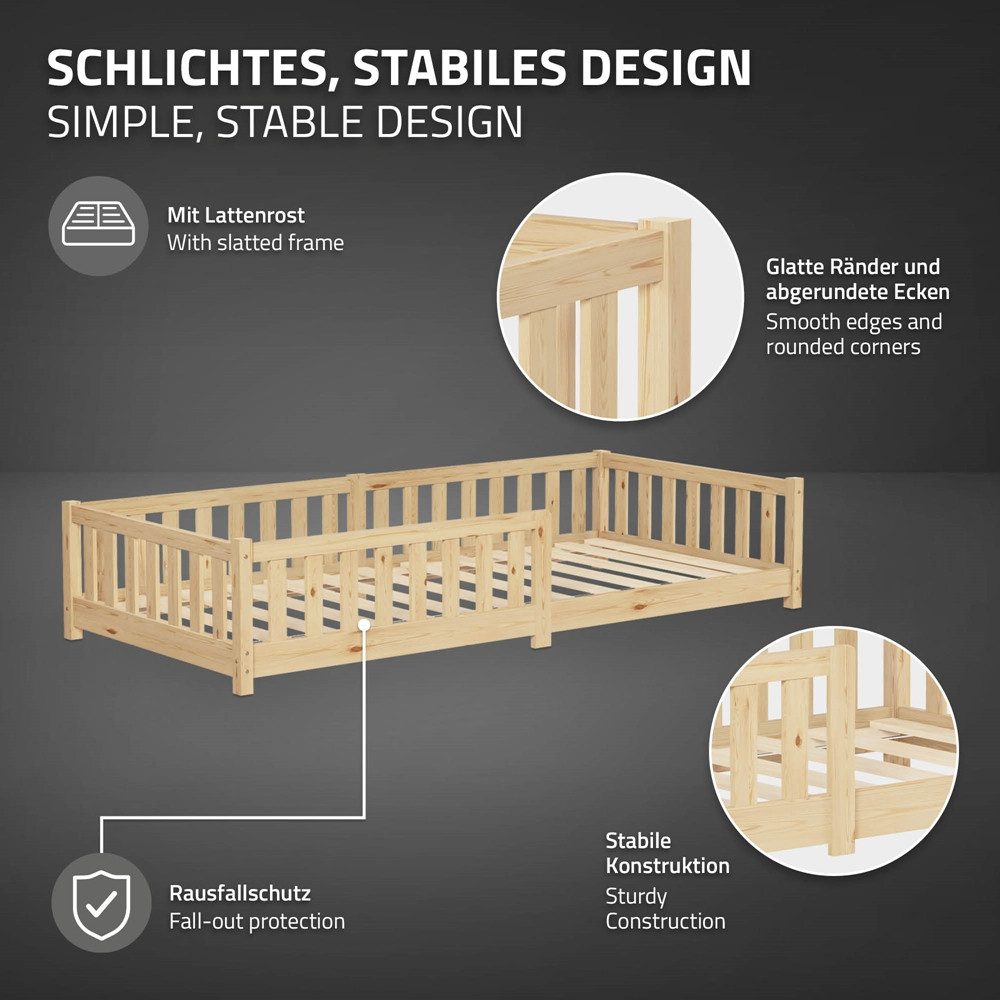 ML-DESIGN Spielbett Bodenbett Holzbett mit Lattenrost & Rausfallschutz Jugendbett Babybett, Abenteuerbett 90x200cm Natur Kinderbett Bettgestell ohne Matratze – Bild 3 von 5