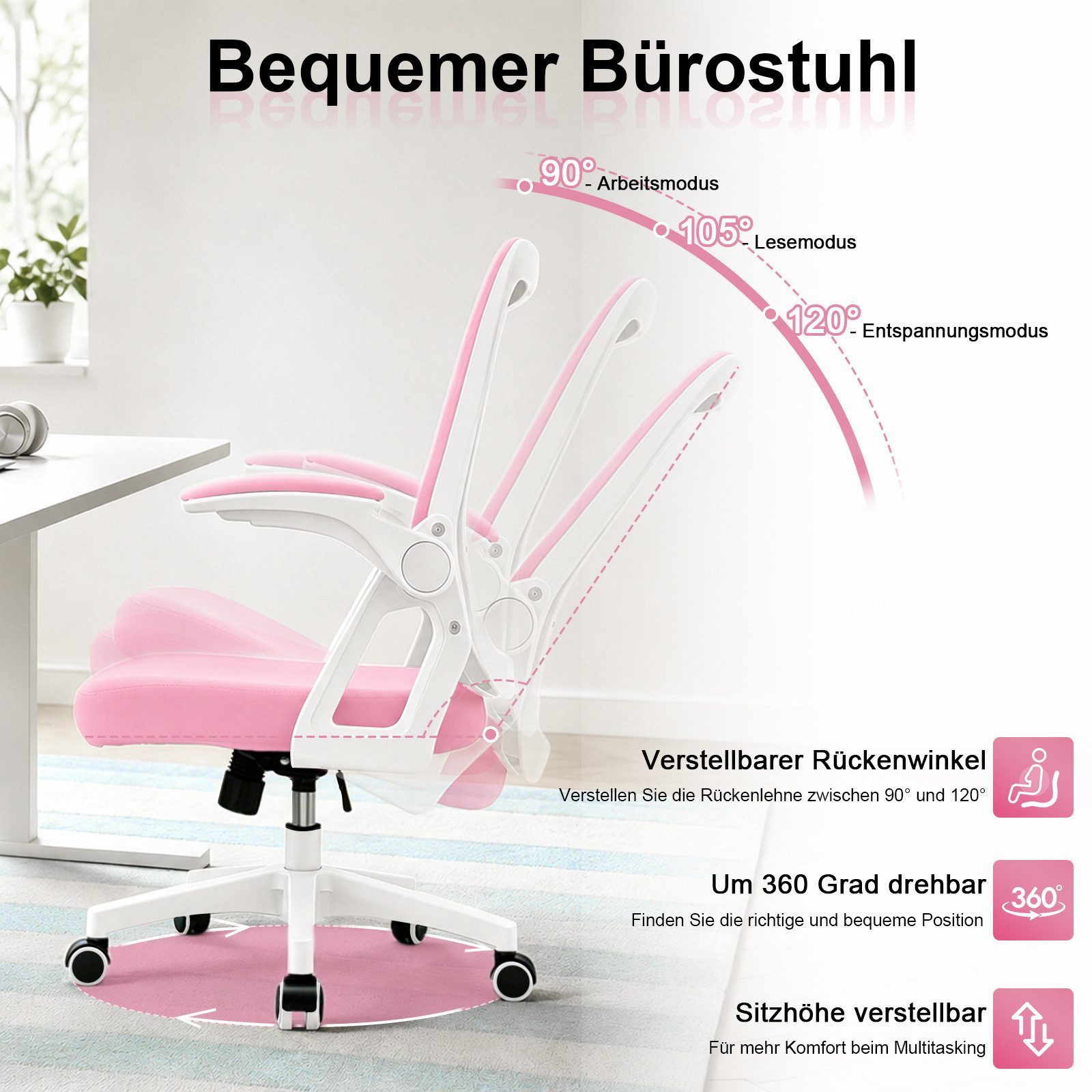 Milacyee Bürostuhl Ergonomischer Bürostuhl mit 90° klappbaren, gepolsterten Armlehnen (Höhenverstellbarer Atmungsaktiv Chefsessel mit geräuscharmen Rollen,Drehs – Bild 5 von 5