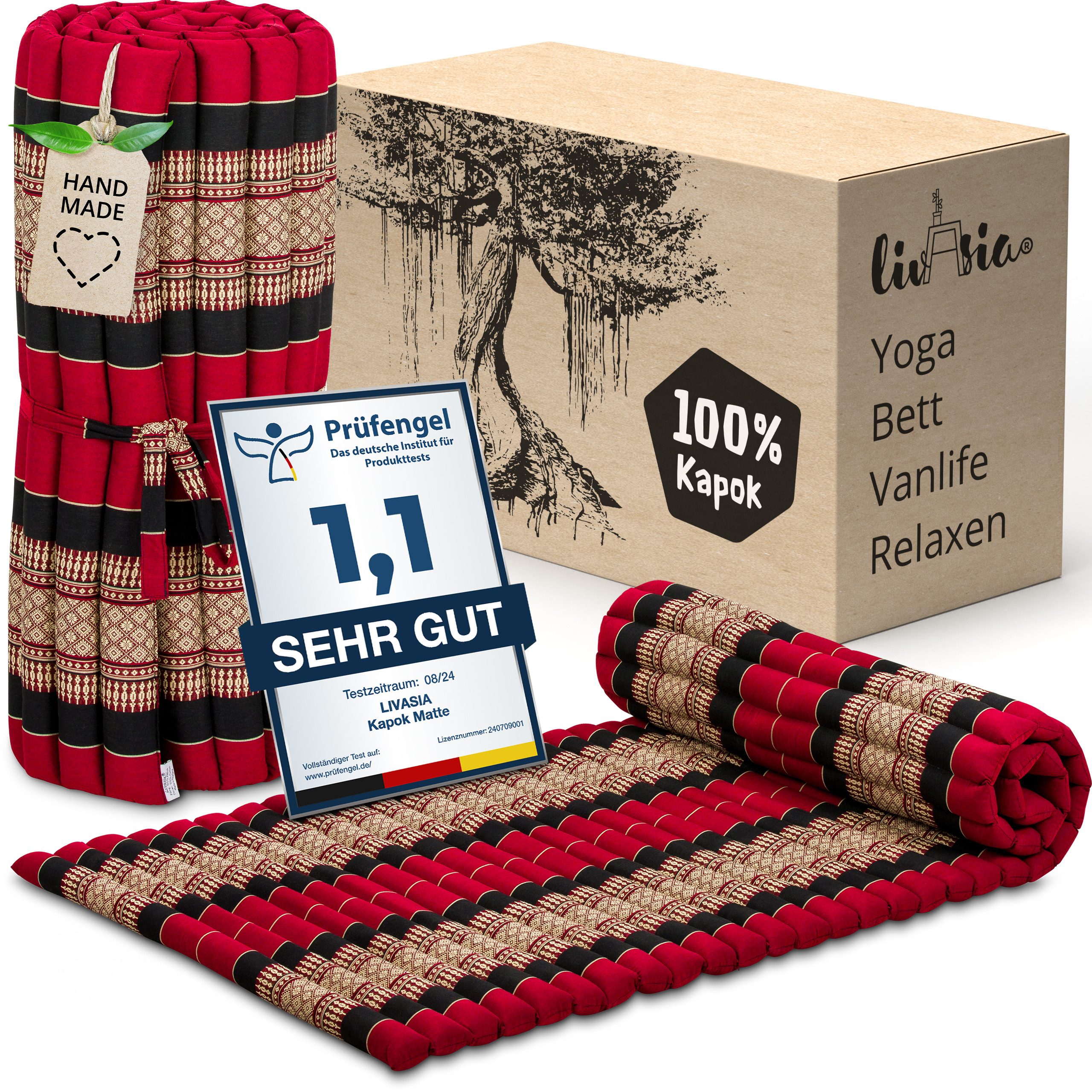 Reisebett-Matratzen Rollmatte 75 cm breit, vegan und handgefertigt, 200x75x4,5cm, livasia, 4.5 cm hoch, Kapok