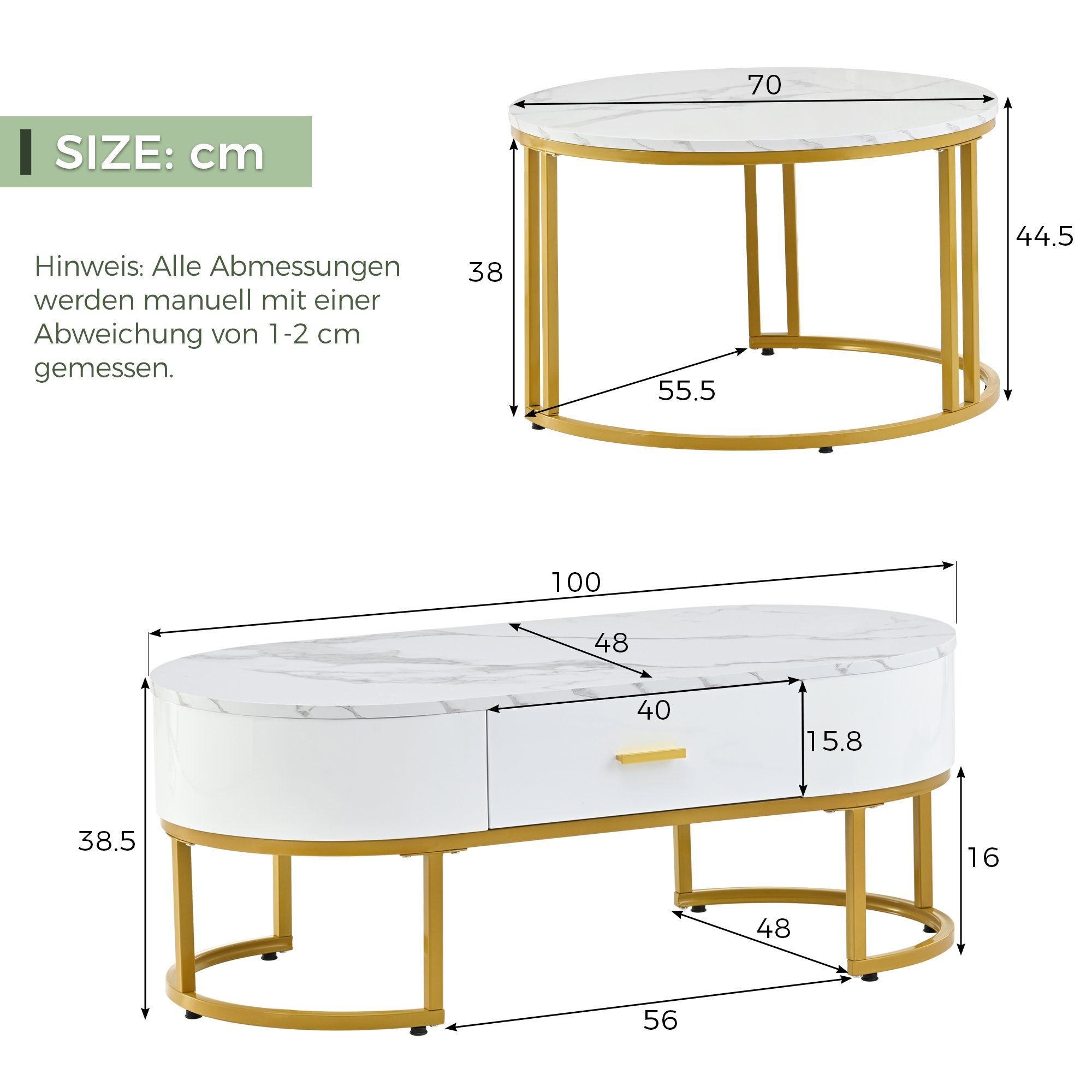 Schublade in Marmoroptik, und mit goldenem Couchtisch Stahlrahmen OKWISH Satztisch