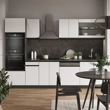 Livinity® Küchenzeile R-Line, Weiß/Anthrazit, 300 cm mit Hochschrank, AP Eiche