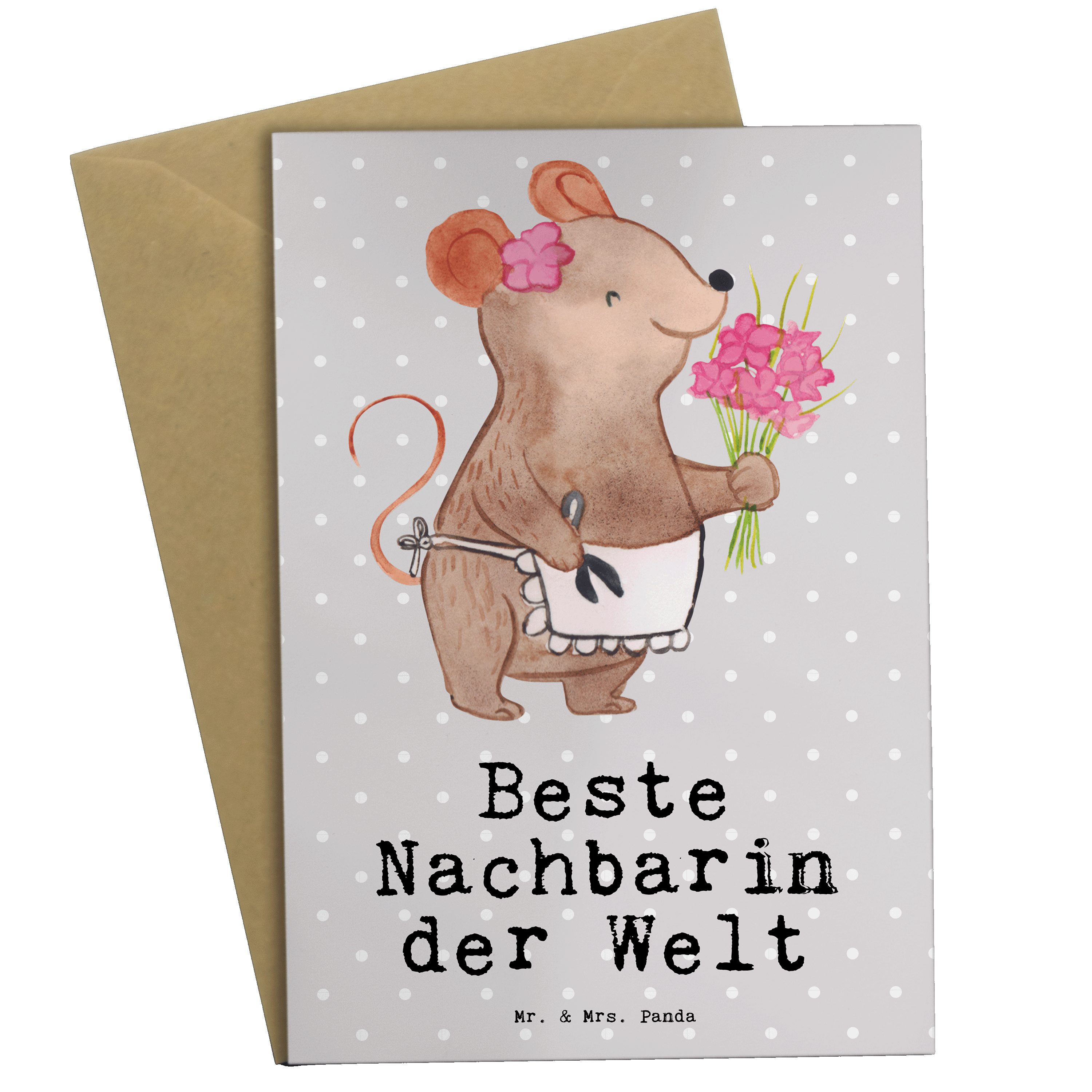 Mr. & Mrs. Panda Grußkarte Maus Beste Nachbarin der Welt - Grau Pastell - Geschenk, Klappkarte | Grußkarten