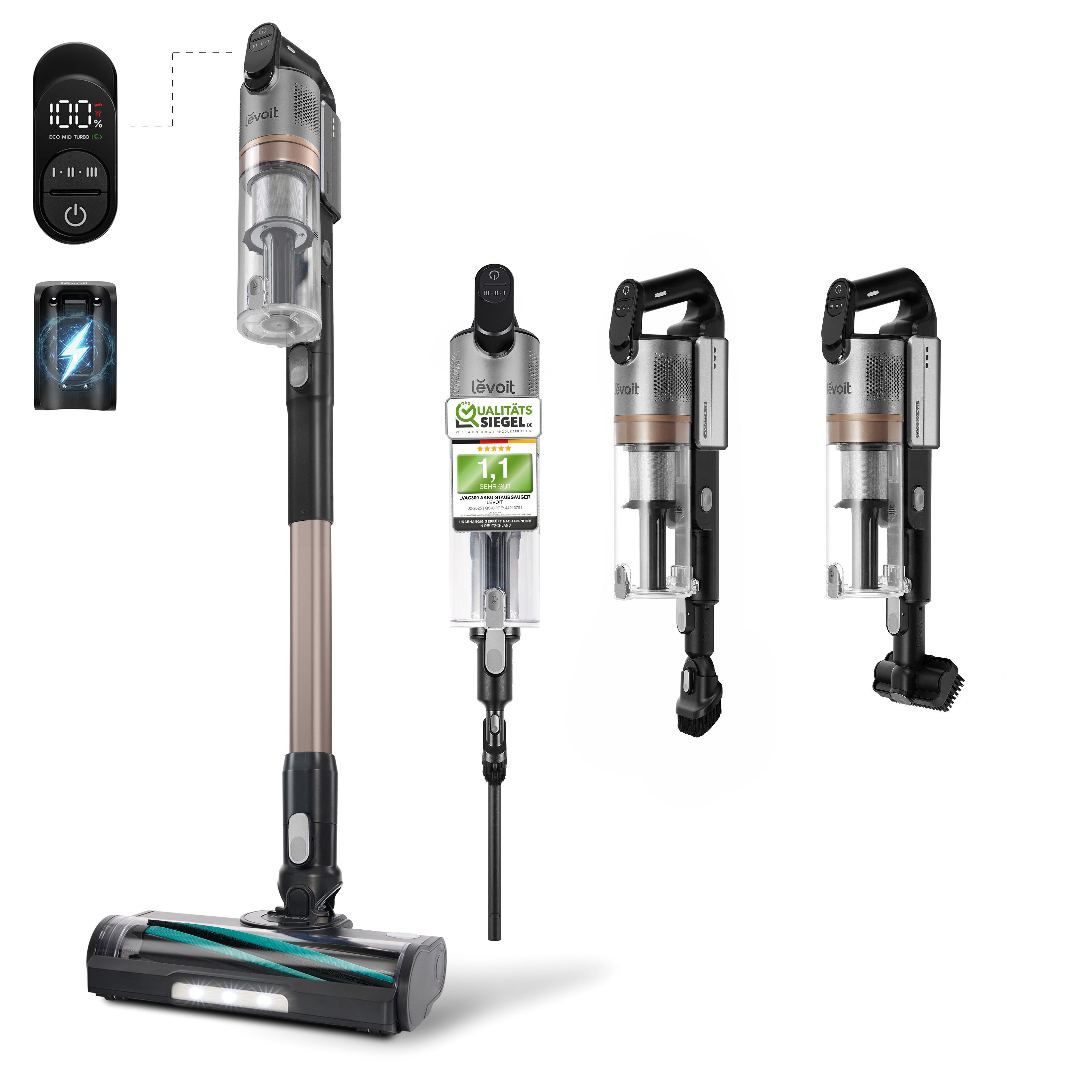 Levoit Akku-Bodenstaubsauger LVAC-300 Plus, 240 W, beutellos, 99,99% HEPA-Filtration, Anti-Tangle, LED-Display, bis zu 60 Minuten