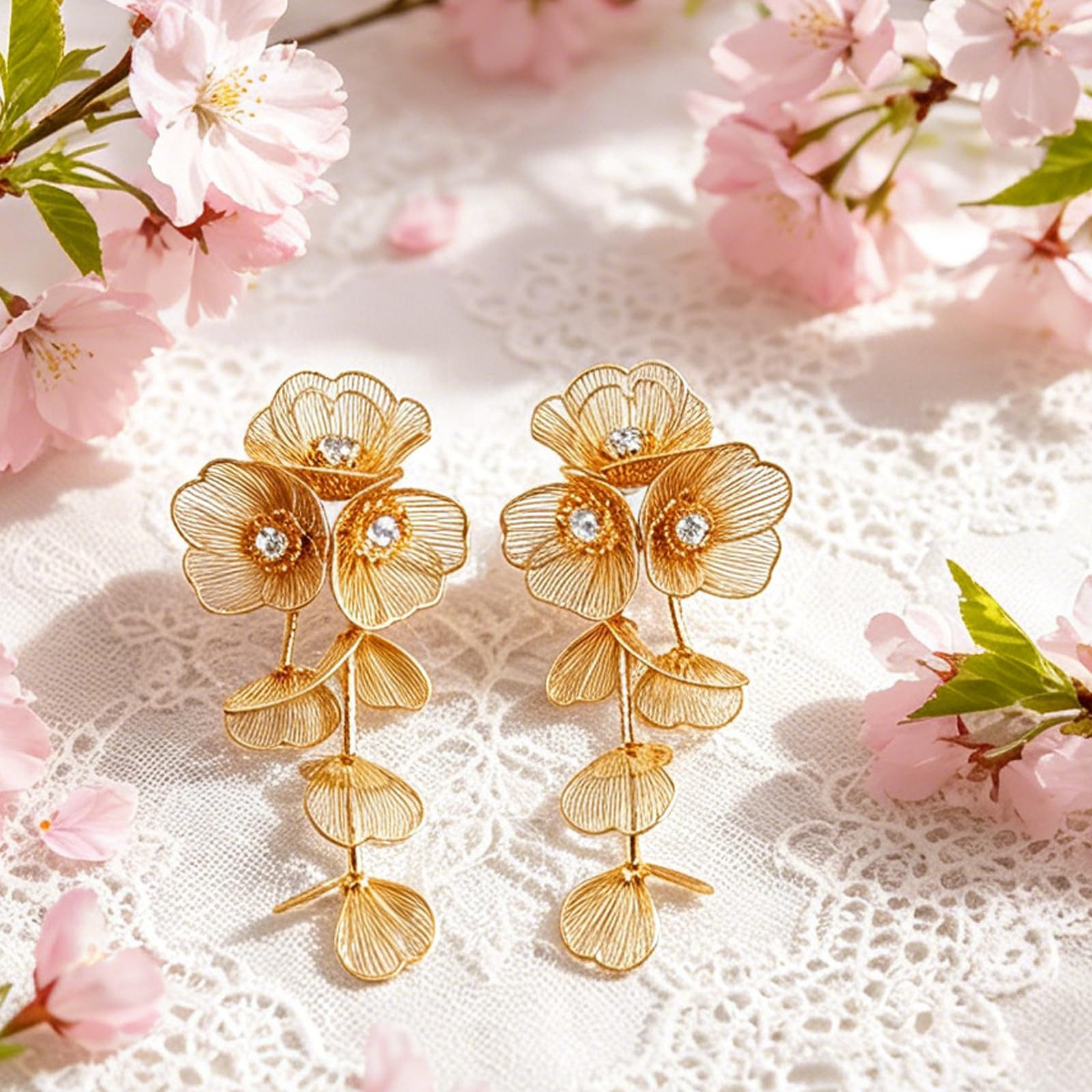 MOPUEA Paar Ohrhänger Ohrringe für Damen, Hohl Metall Filigrane Blumenohrringe (Goldene Blumen-Ohrringe für Damen, El-Blumen-Tropfen-Ohrringe, 2-tlg., Statement – Bild 4 von 5