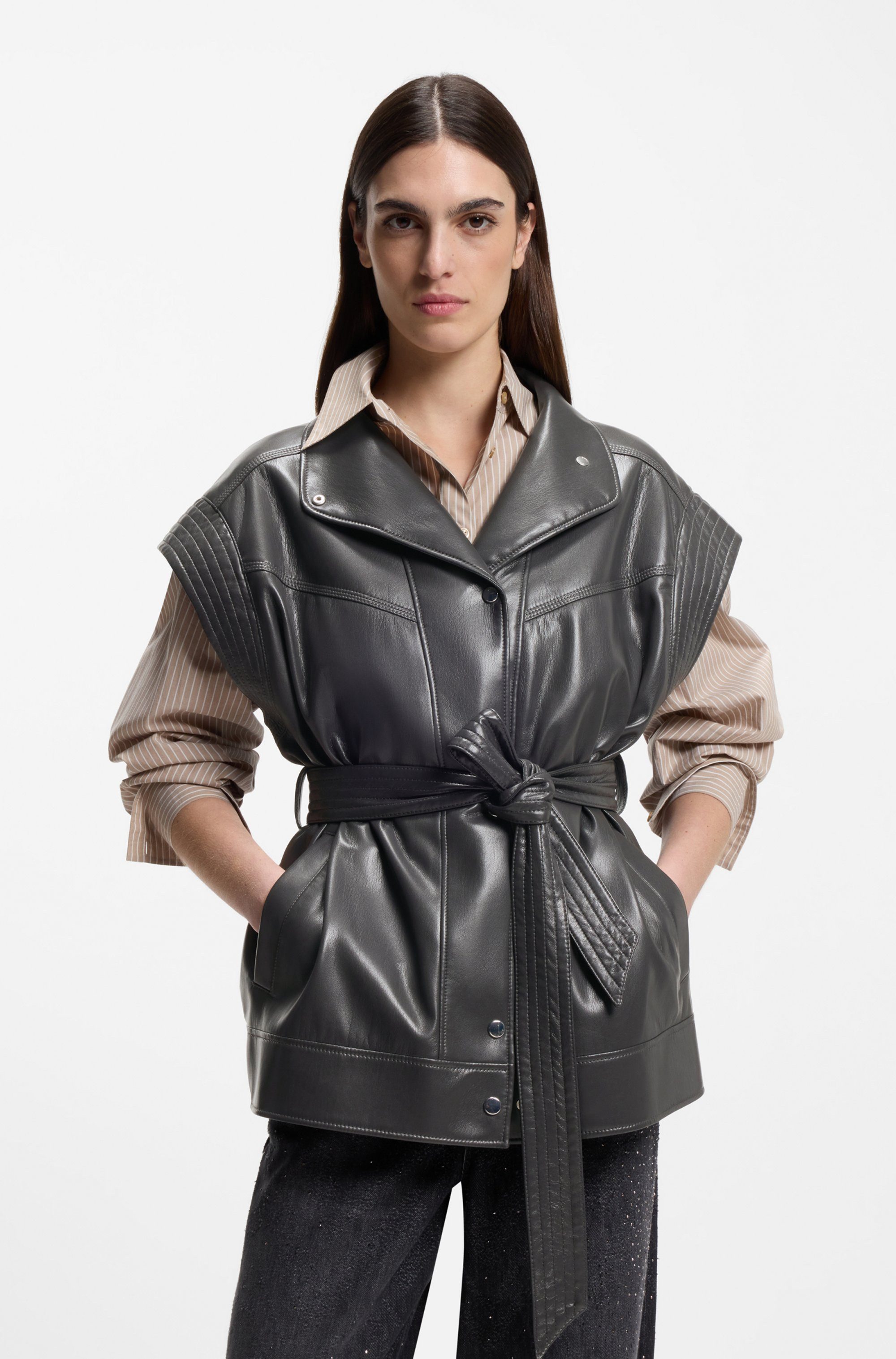 BOSS ORANGE Lederimitatweste Jacaro Premium Damenmode mit Taillengürtel, St günstig online kaufen