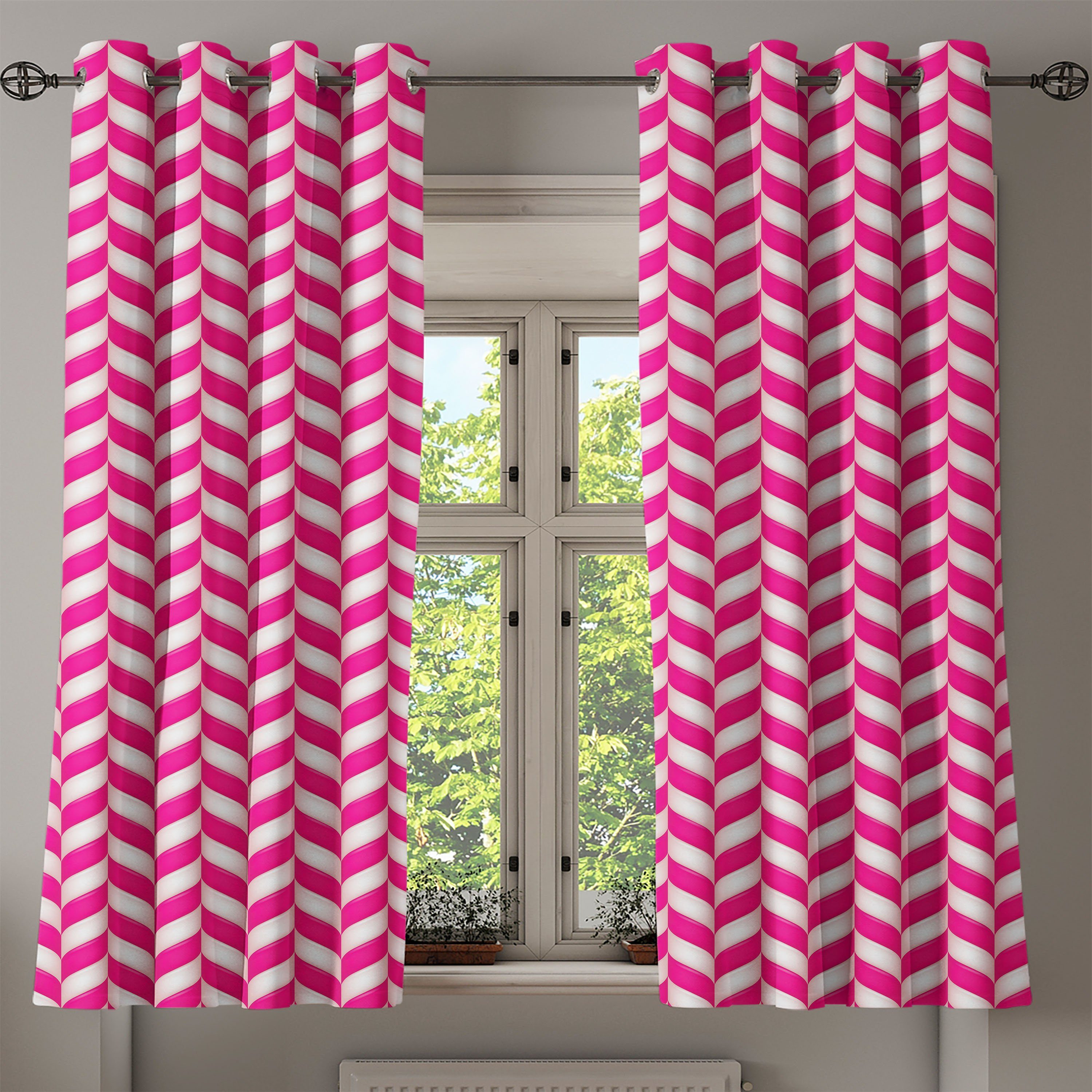 Dekorative Linien Weiß, Gardine Schlafzimmer rosa, Wohnzimmer, Vibrant Abakuhaus, für gewellte 2-Panel-Fenstervorhänge