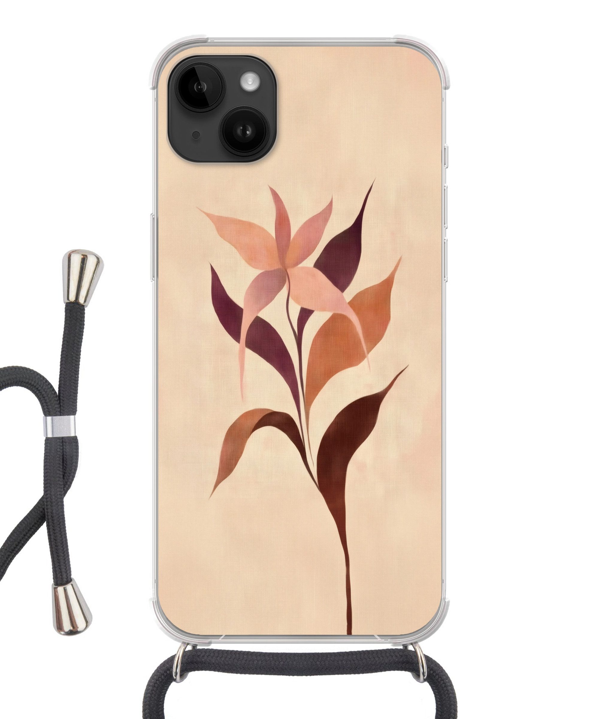 MuchoWow Handyhülle für Apple iPhone 14 Max Minimalistisch - Blume - Blätter - Beige, Tragbare Handyhüllen mit Kette zum umhängen, Handykette Handyband