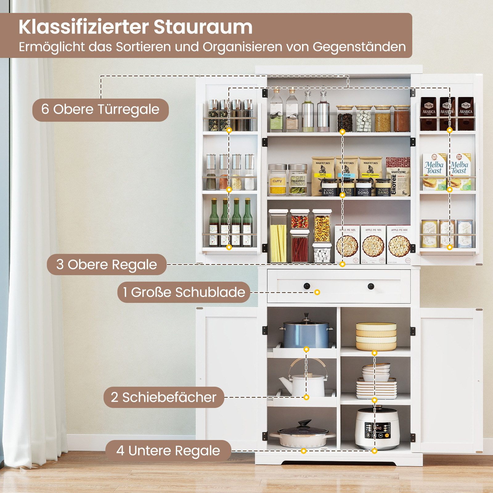 COSTWAY Vorratsschrank Küchenbuffet Hochschrank, mit Schiebetabletts, 184cm