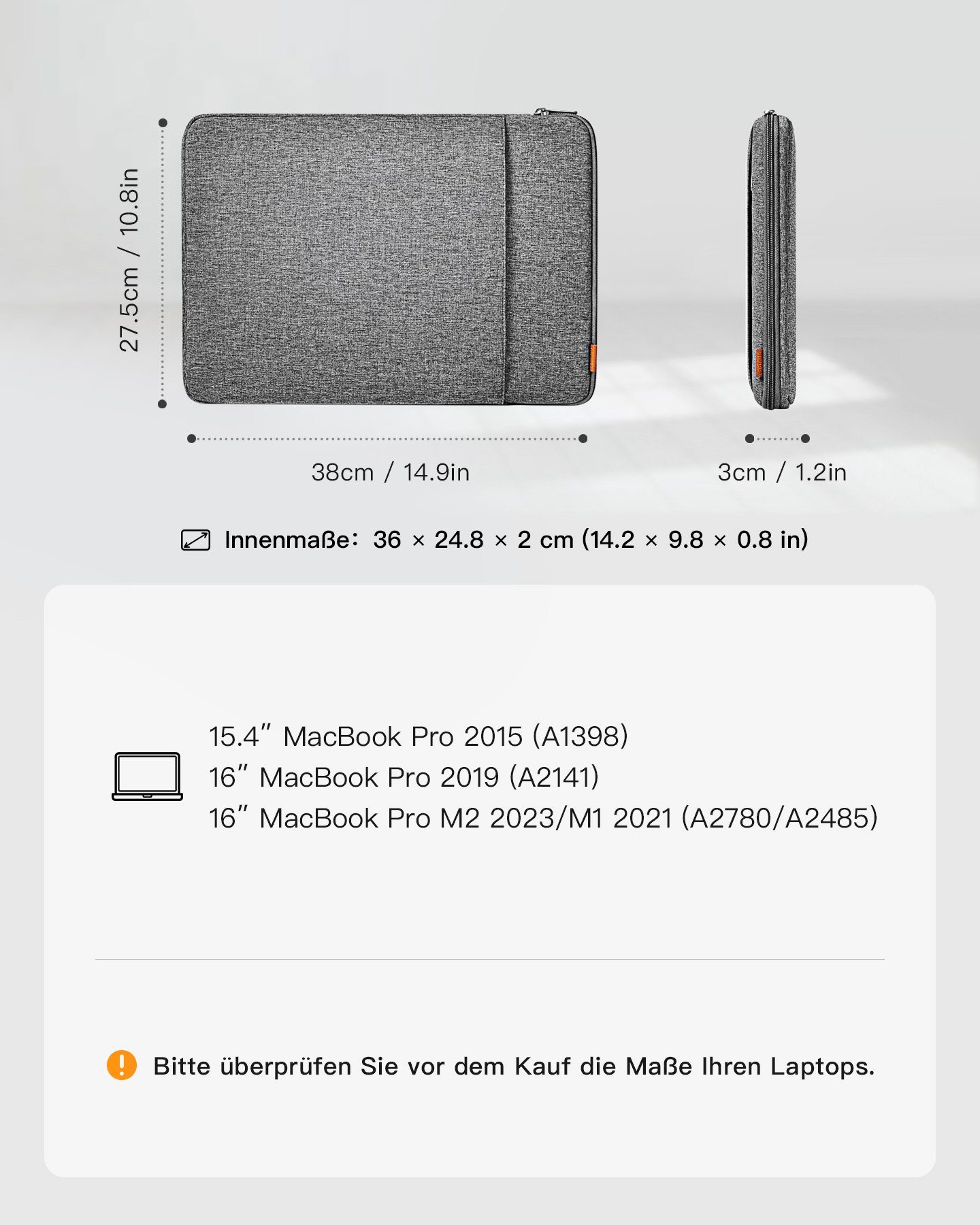 Inateck Laptop-Hülle Laptoptasche 360° Rundumschutz für 16 Zoll MacBook Pro
