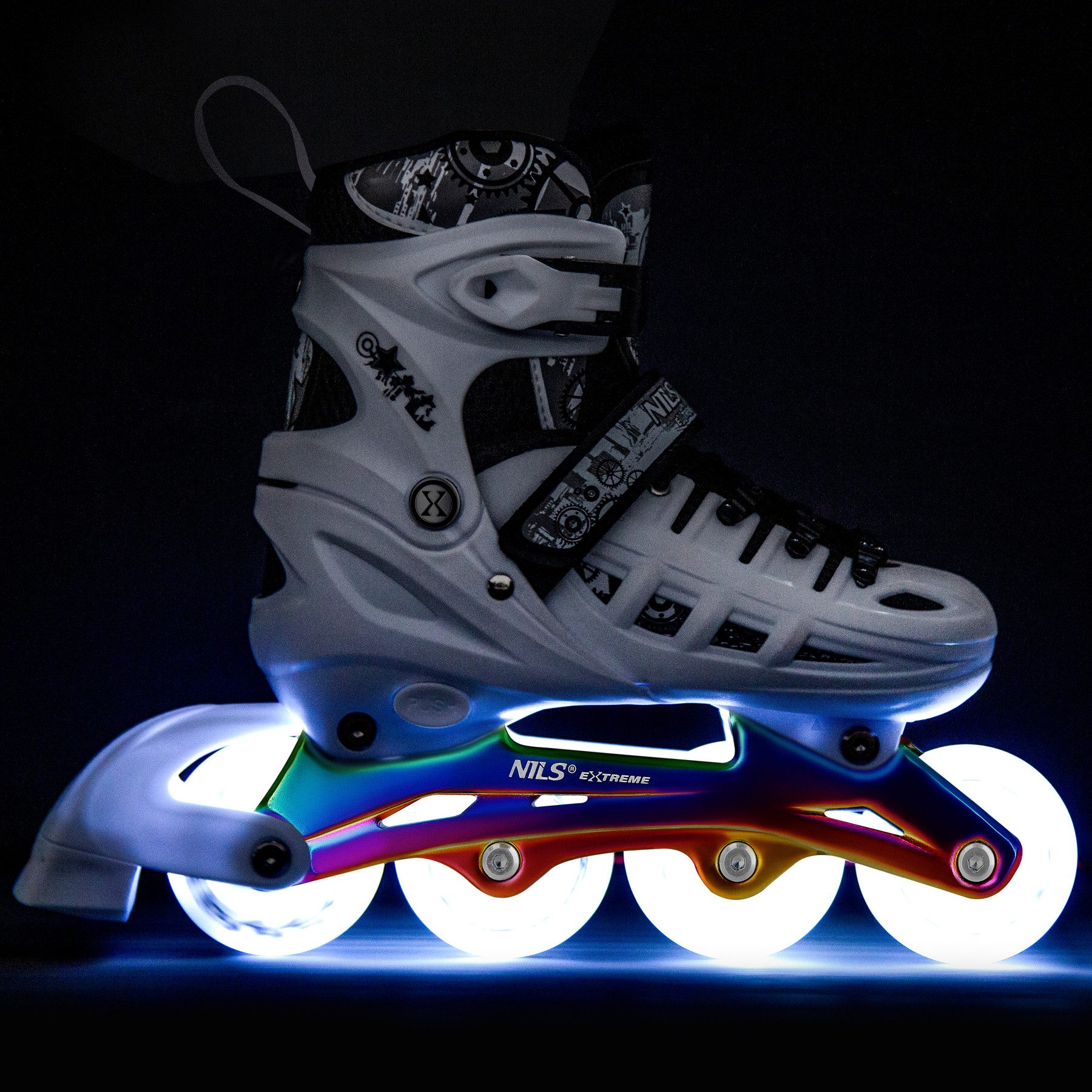NILS EXTREME Schlittschuhe 4-IN-1 Inliner LED Inlineskates Rollschuhe wechselbare Kufen weiß, Verstellbare Größe & leuchtende Rollen