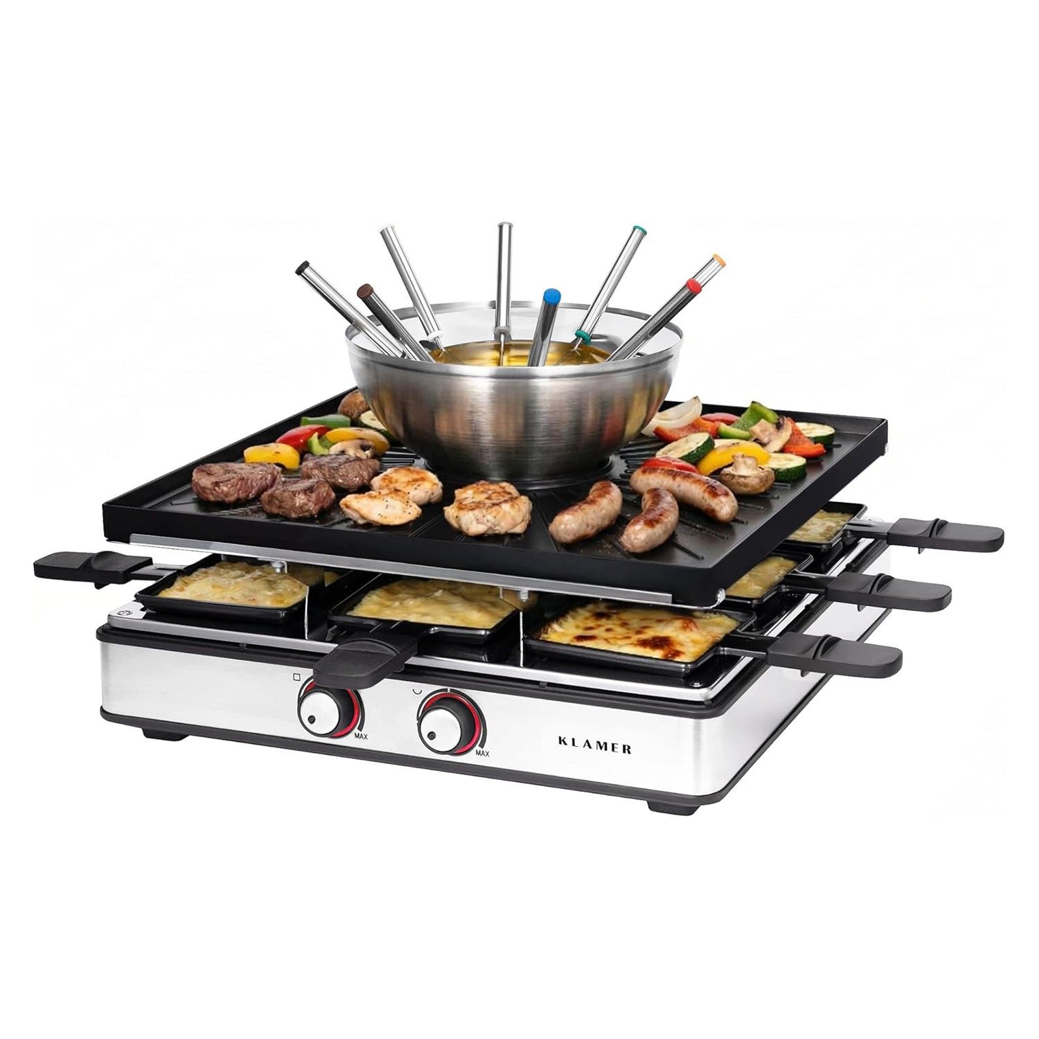 KLAMER Raclette und Fondue-Set Kombi für 8 Personen, 3-in-1 Raclette-Grill, Fondue & Tischgrill, 2m …, 8 Raclettepfännchen, 3in1 Funktion, Separate Temperatursteuerung, Touch-Bedienung, 2m Kabel
