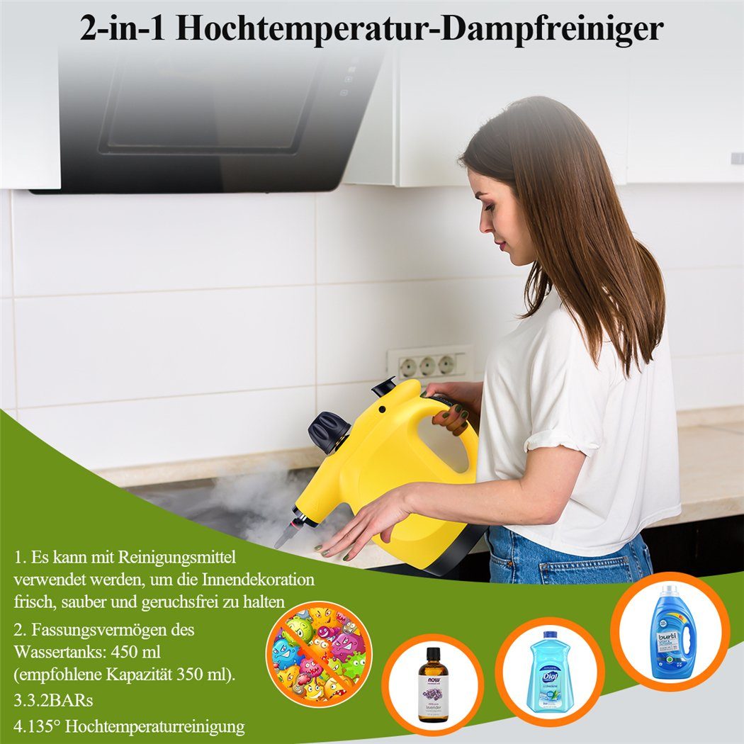 CkeyiN Handdampfreiniger mit 450ml Wassertank 3,2 bar Hochdruck 9 Zubehörteilen multifunktional, 1250 W, zur chemiefreien Reinigung von Fliesenfugen, Herdplatten, Badezimmern