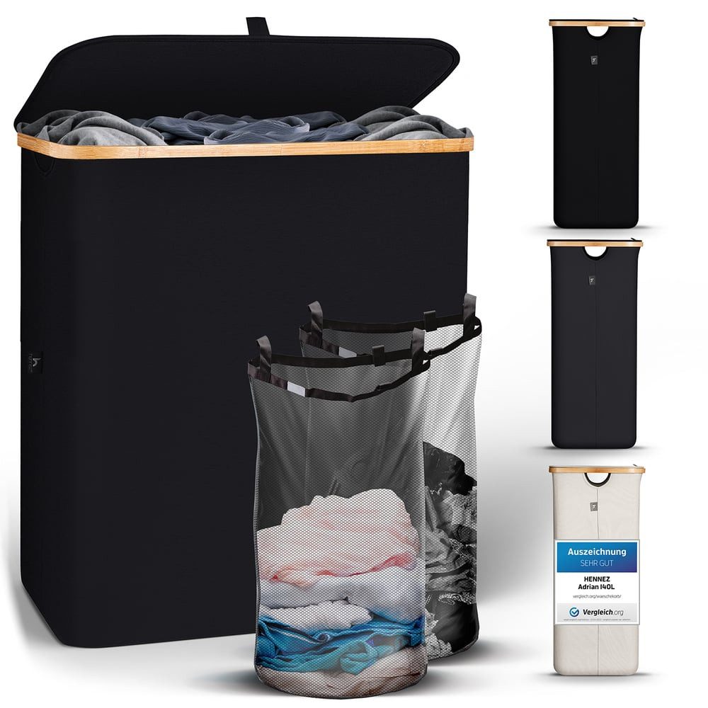 HENNEZ Wäschekorb Bambus mit Deckel 2 Fächer, 140L Wäschesack - Wäschesorti günstig online kaufen