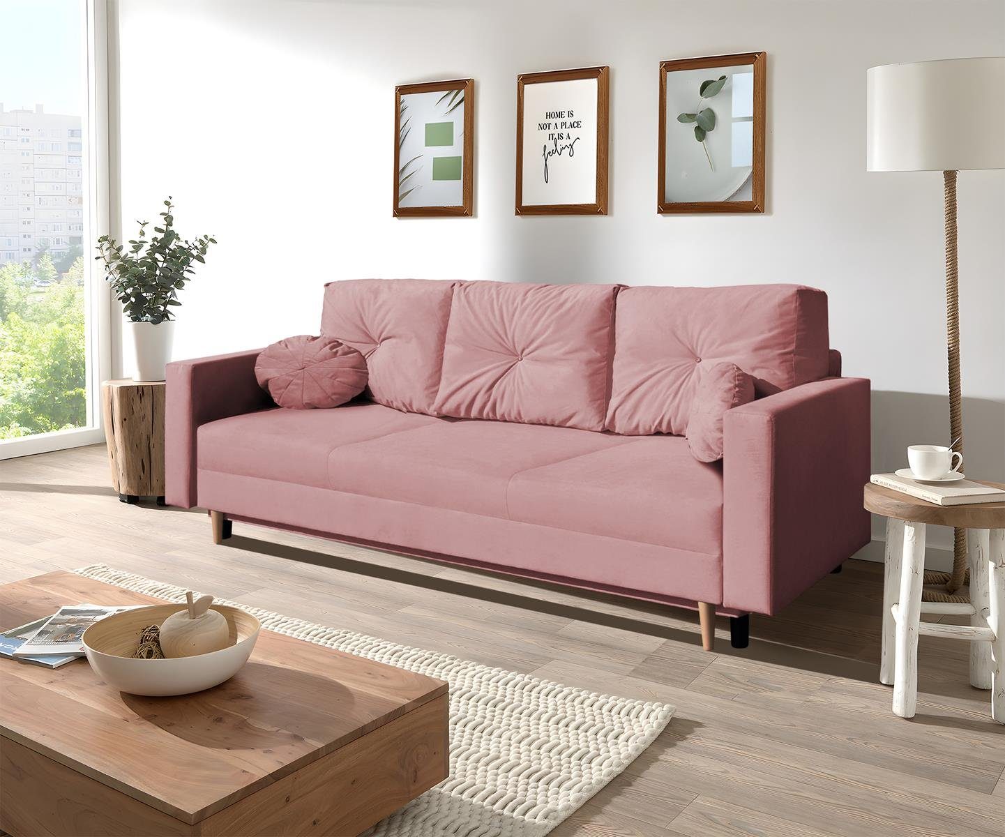 Sofa Design, 3-Sitzer Bettkasten, skandinavisches Holzbeine, MILAN, Rosa 3-Sitzer Relaxfunktion 23) mit Wellenunterfederung, Beautysofa (trinity