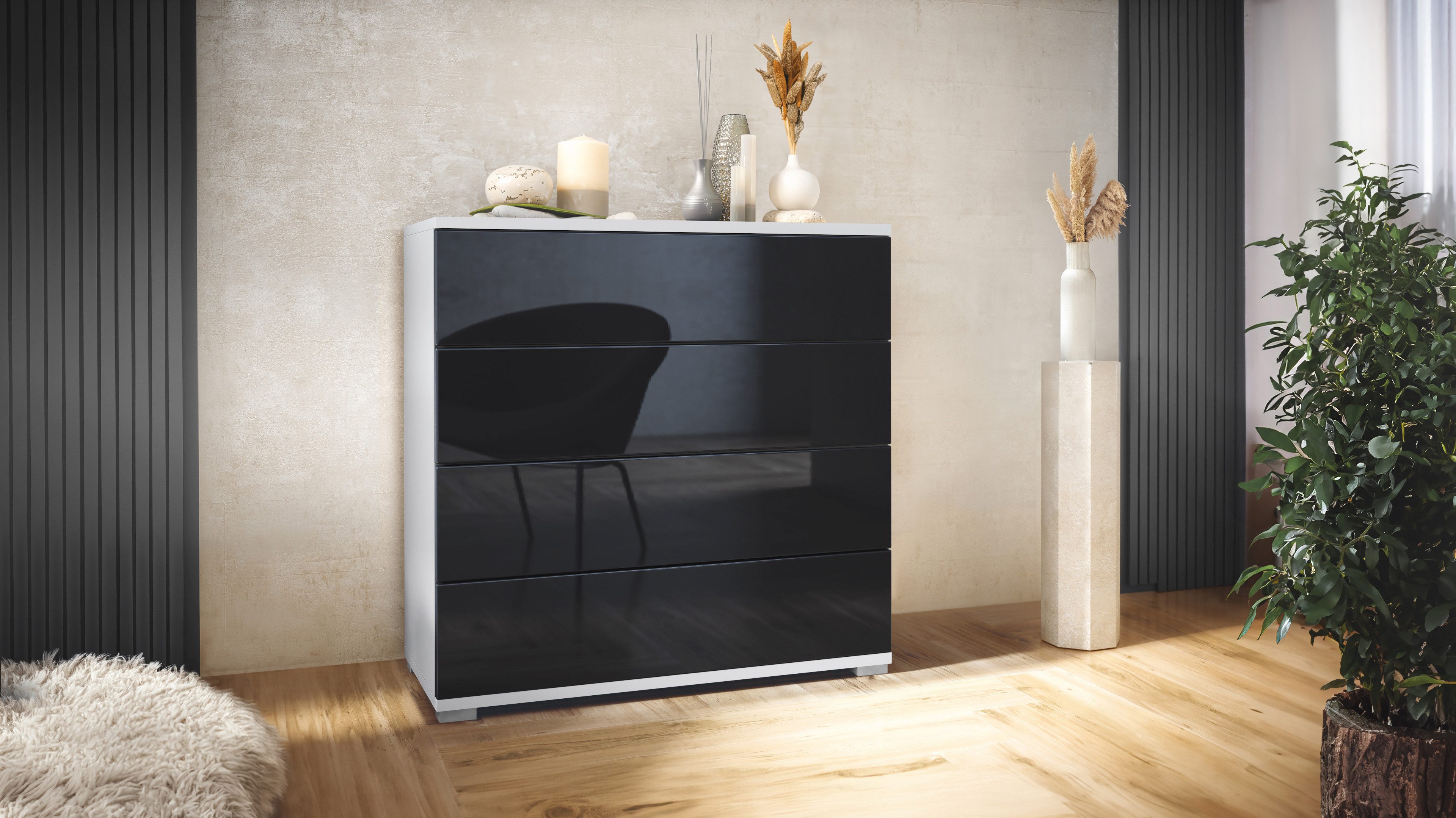 Vladon Kommode Pavos V3 (Sideboard, mit 4 Schubladen), Weiß matt/Schwarz Hochglanz (76 x 76 x 35 cm)