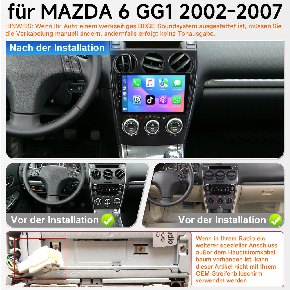 A-Sure 8-Core FM ​Für Mazda 6 GG GY 2002-2008 Carplay Bluetooth5.0 Android 15 Autoradio (Digitalradio (DAB), AM, 1280*800 IPS Screen, RDS, DSP, GPS, SWC, Navi, UI Theme, Siri, Mirrorlink, Google play, Netflix, Youtube, Calendar, TikTok)