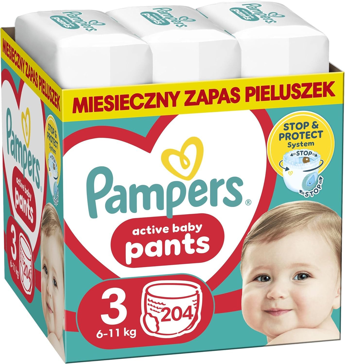 Pampers Windeln Pants Größe 3 (6–11 kg) – 204 Stück – Anti-Auslauf (204-St), mit Stop & Protect