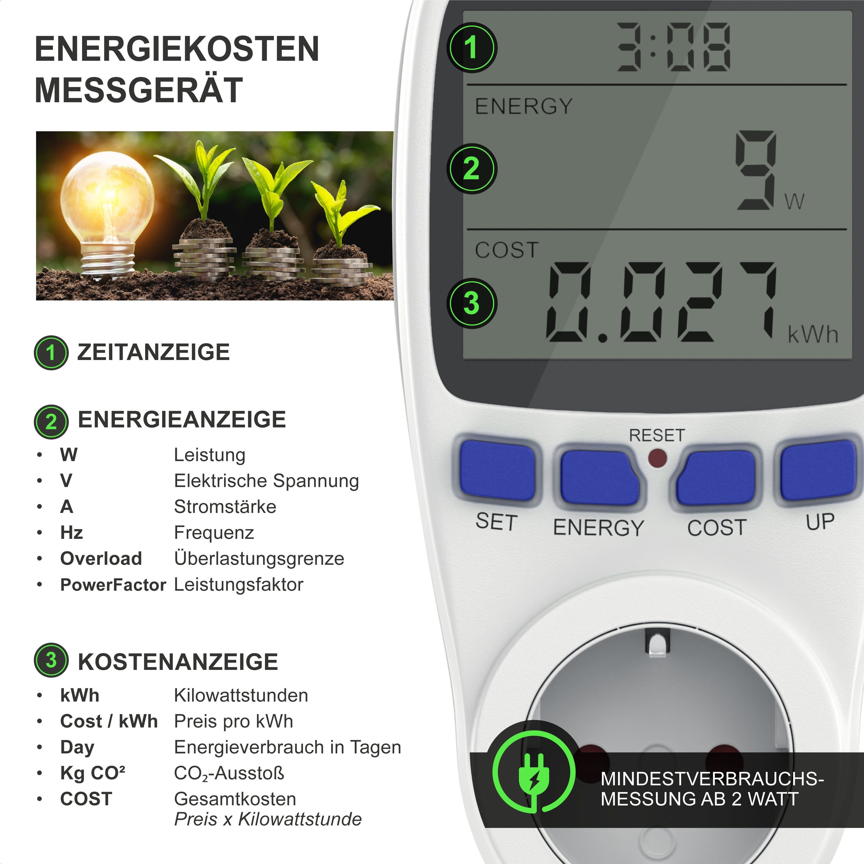 CSL Energiekostenmessgerät Energiekosten Anzeige, Energiemessgerät mit Berührungsschutz, 3680W, 1-tlg., Strommessgerät, mit Back up Batterien, 2,7 Zoll Display  – Bild 3 von 5