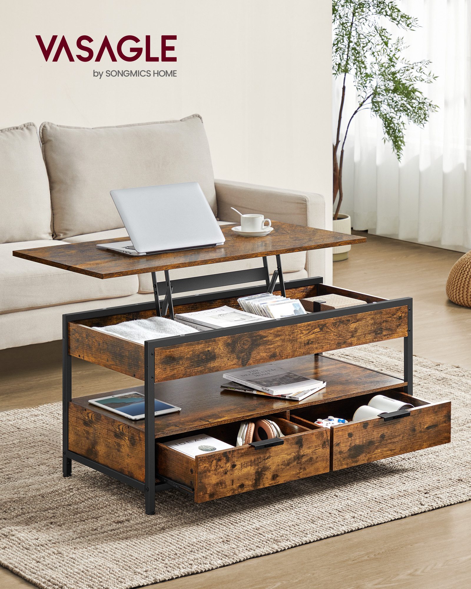 VASAGLE Couchtisch Wohnzimmertisch, offenes Fach, aufklappbar, mit Stauraum (für Home Office, inkl. Zubehörpaket & Anleitung), höhenverstellbar, mit Schubladen, Industrial, 50 x 100 x (48-63) cm
