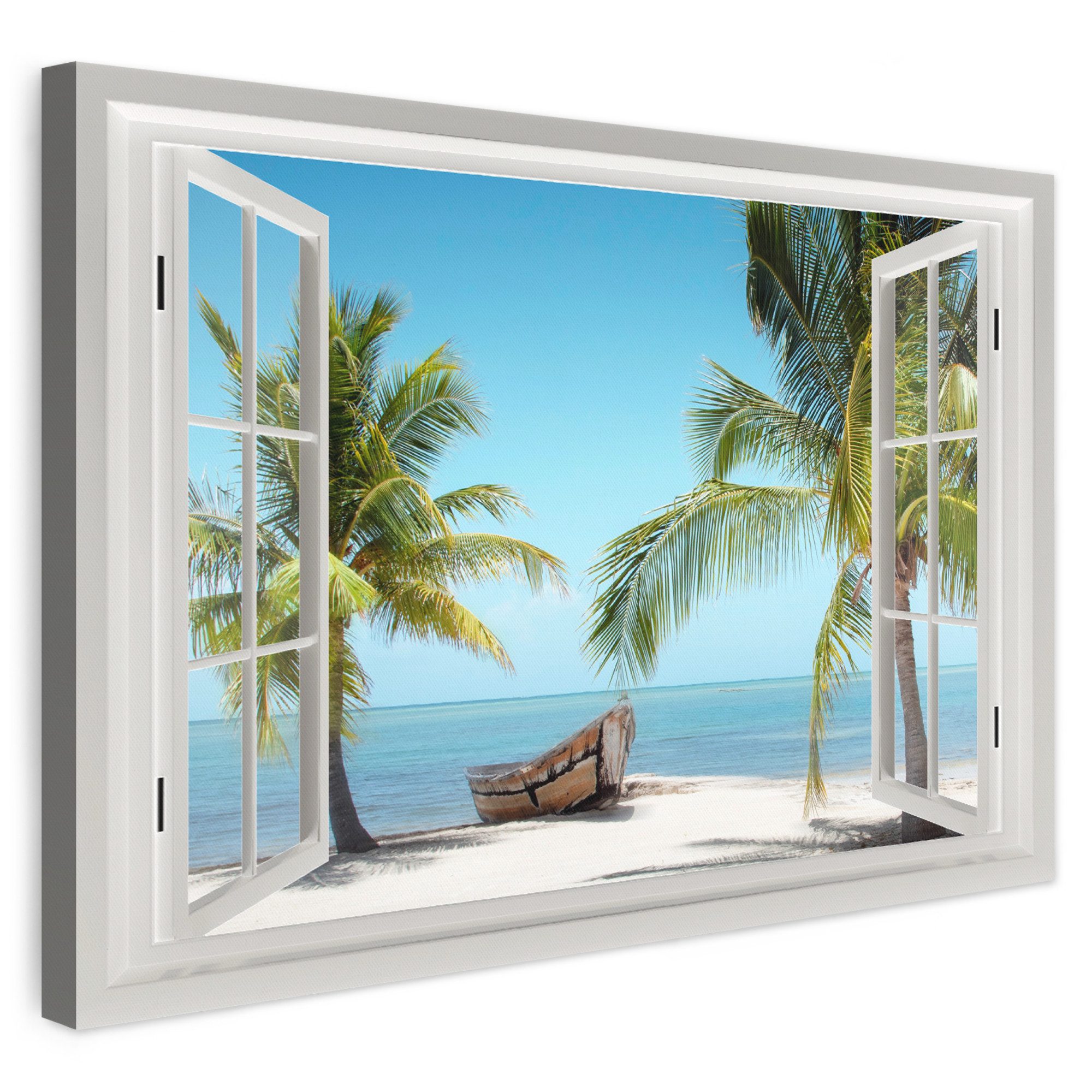 OneMillionCanvasses® Leinwandbild Aussicht - Strand - Palme - Boot - Tropisch - Meer - Blau, Fotodruck (1 St), Leinwand Bilder Klein, Wand Dekoration Aesthetic 30x20 cm