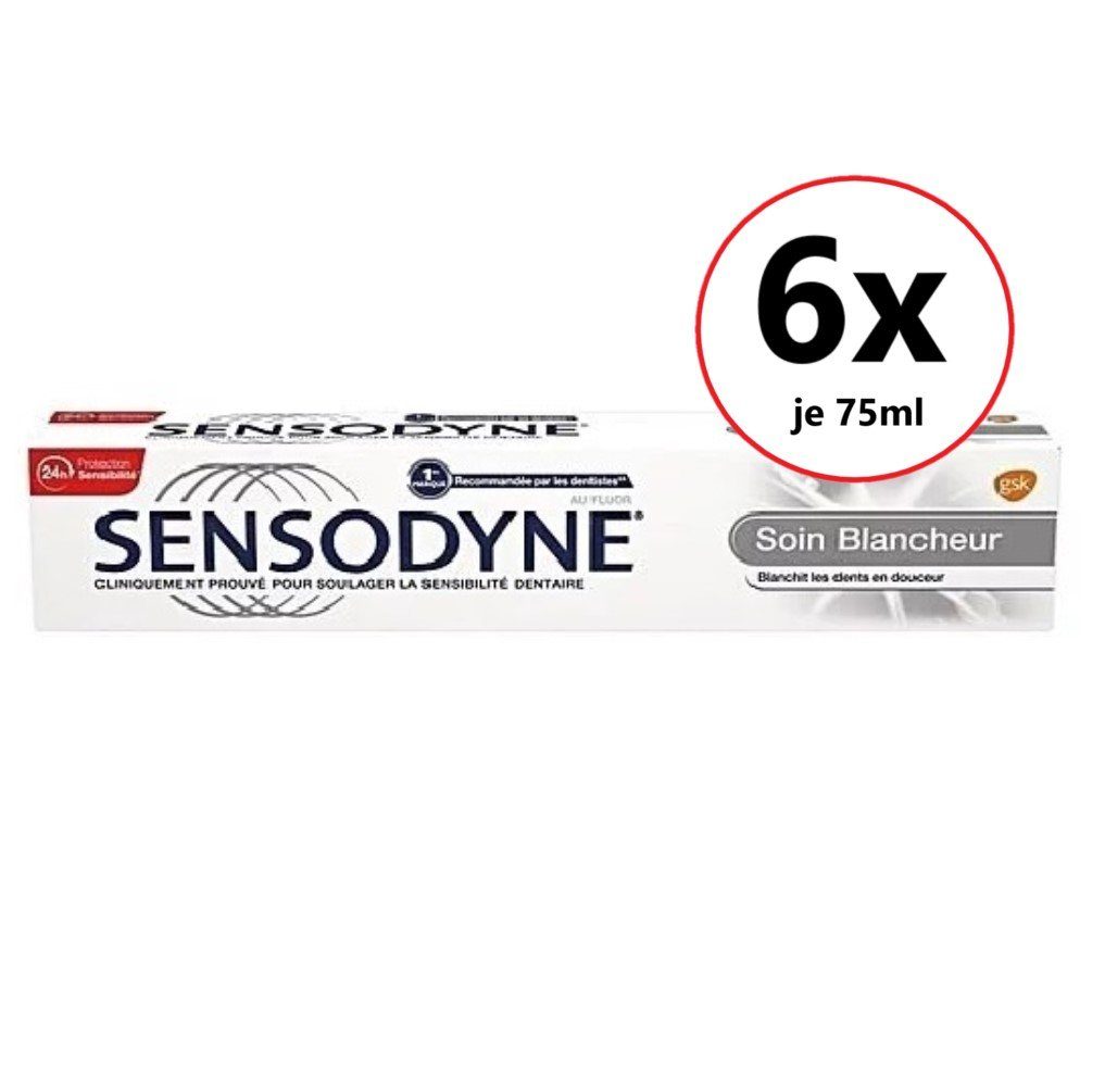 SENSODYNE Zahnpasta LOSE SOIN BLANCHEUR 6x75ml Zahncreme extra frisch Zahnpasta weiß, (Pflege Creme Zahnpflege Karriesschutz, Zahnsteinschutz Plaque, 6-St) Creme Zahncreme Zahnpflege Pflege Karriesschutz Zahnsteinschutz