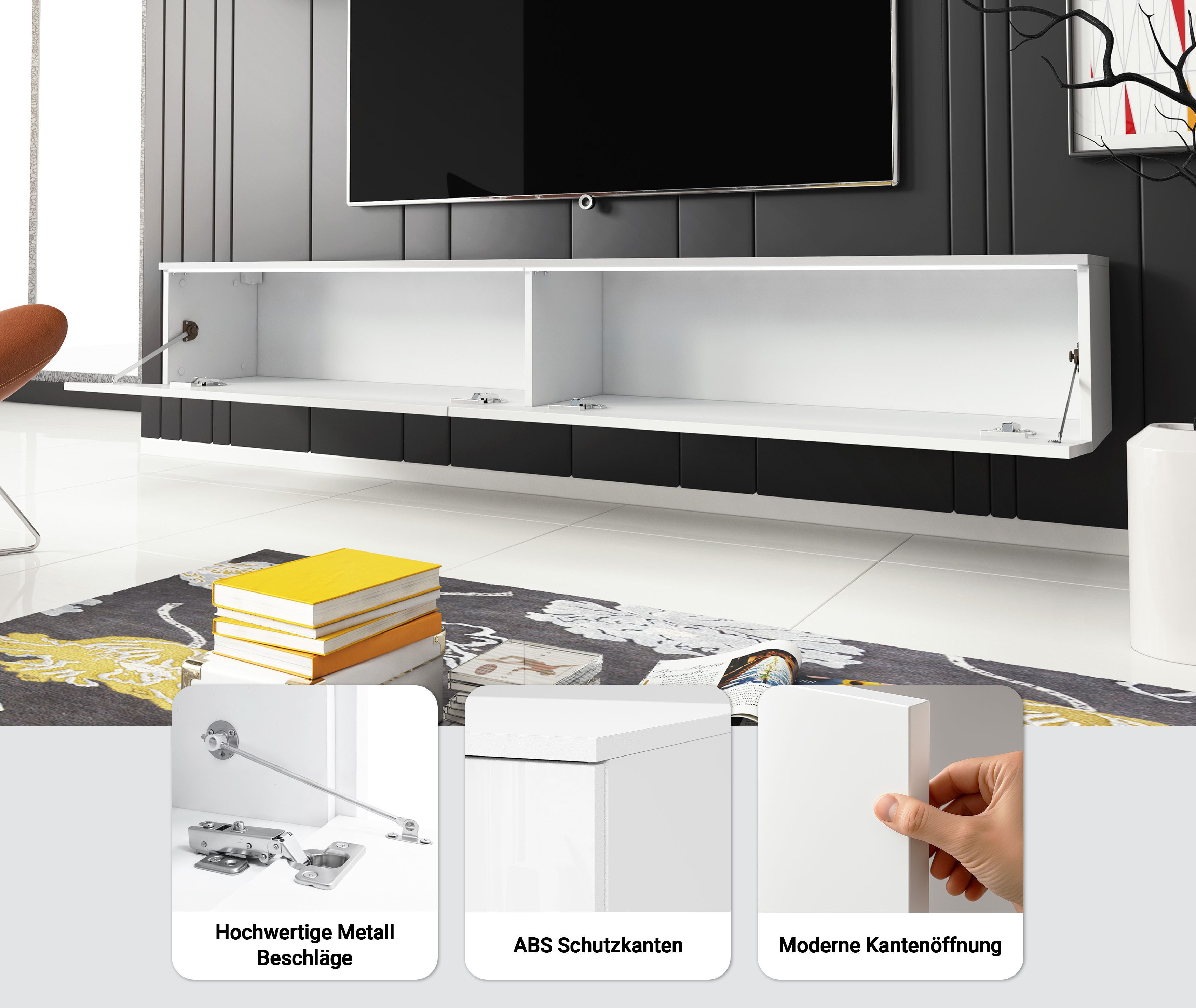 Home affaire Lowboard LOWBOARD VERA, wahlweise mit oder ohne Beleuchtung, Modernes griffloses TV-Board, 180 cm TV-Schrank, stehend und hängend