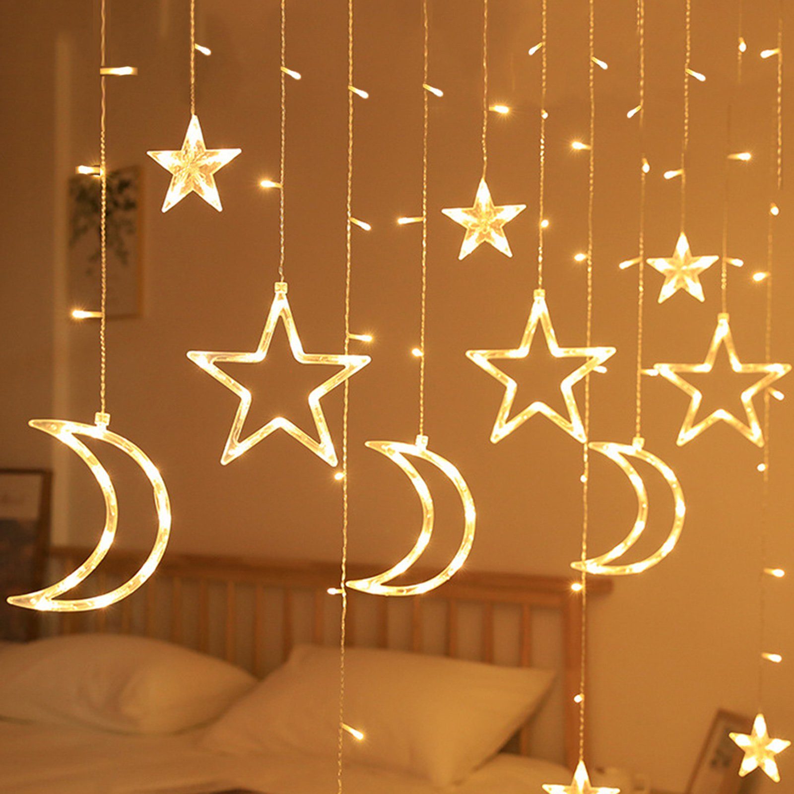 Rosnek LED-Lichtervorhang 3M 120LEDs, Stern Mond, wasserdicht, für Party Ramadan Weihnachten, Schlafzimmer Camping Zelt Deko; batterie Warmweiß