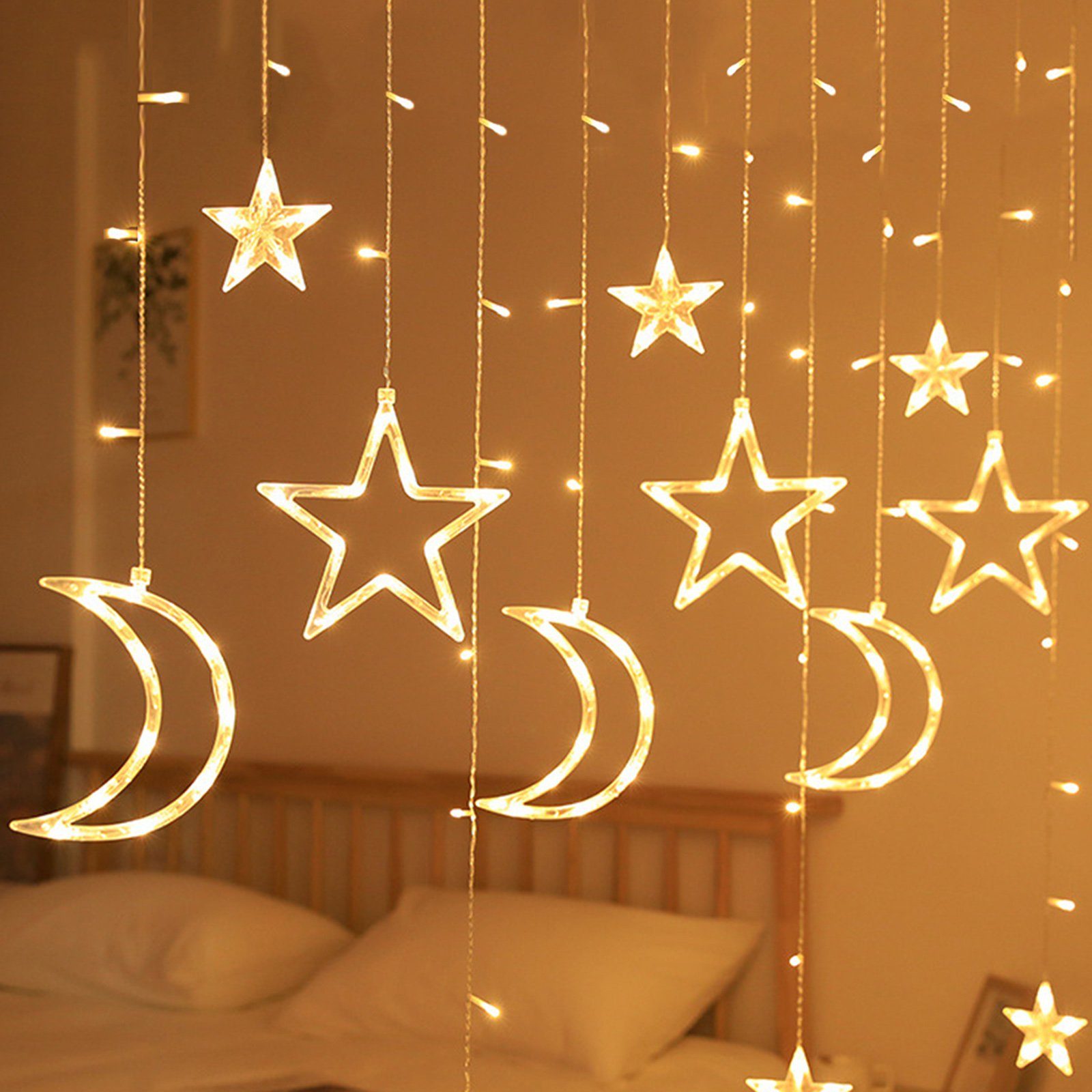 Jibenhome Lichtervorhang 3M LED Mond und Stern Vorhanglicht Batteriebetrieben LED Lichterkette