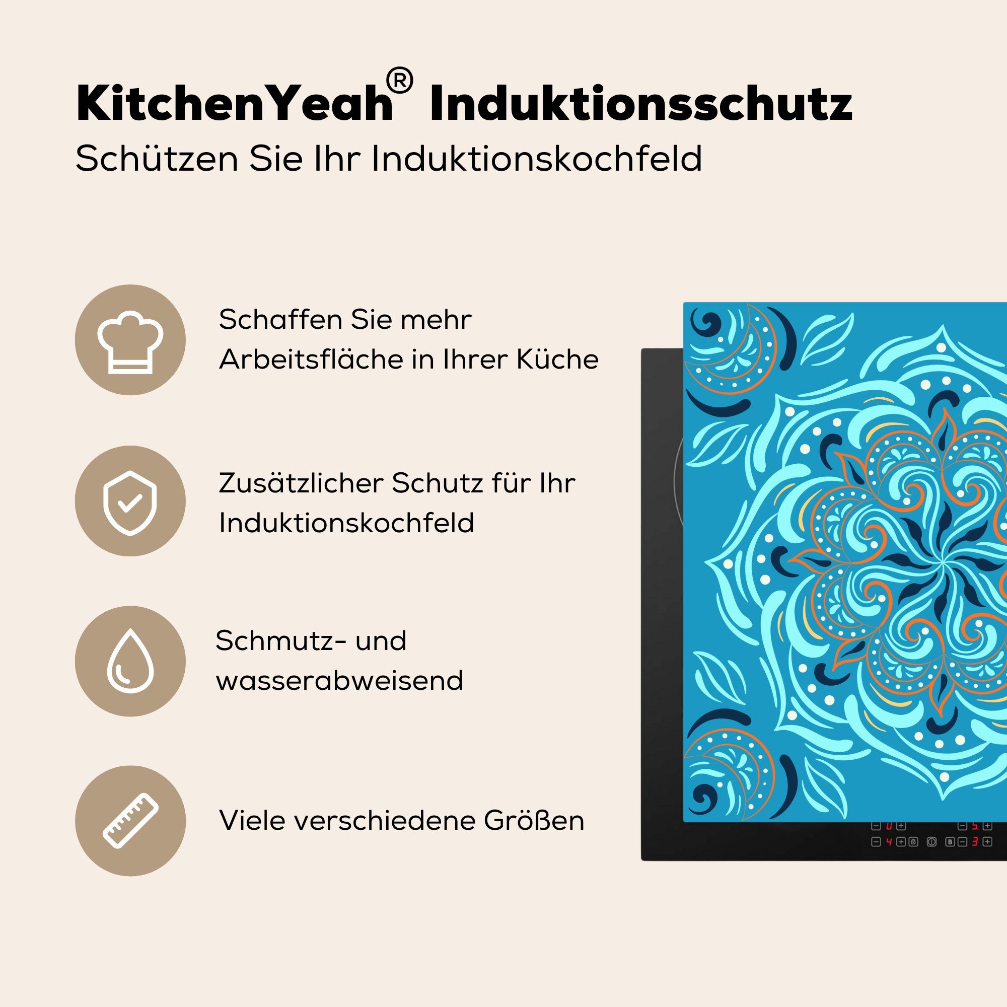 MuchoWow Herdblende-/Abdeckplatte Mandala cm, Arbeitsplatte 78x78 Ceranfeldabdeckung, - - (1 tlg), küche Orange - für Vinyl, Muster, Blau