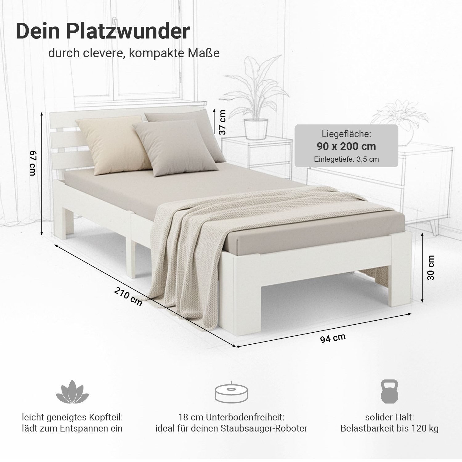 Homestyle4u Holzbett 90x200 120x200 140x200 160x200 180x200 Doppelbett Kopfteil Lattenrost (Set, mit Lattenrost, Weiß), 90x200, modern, stabil