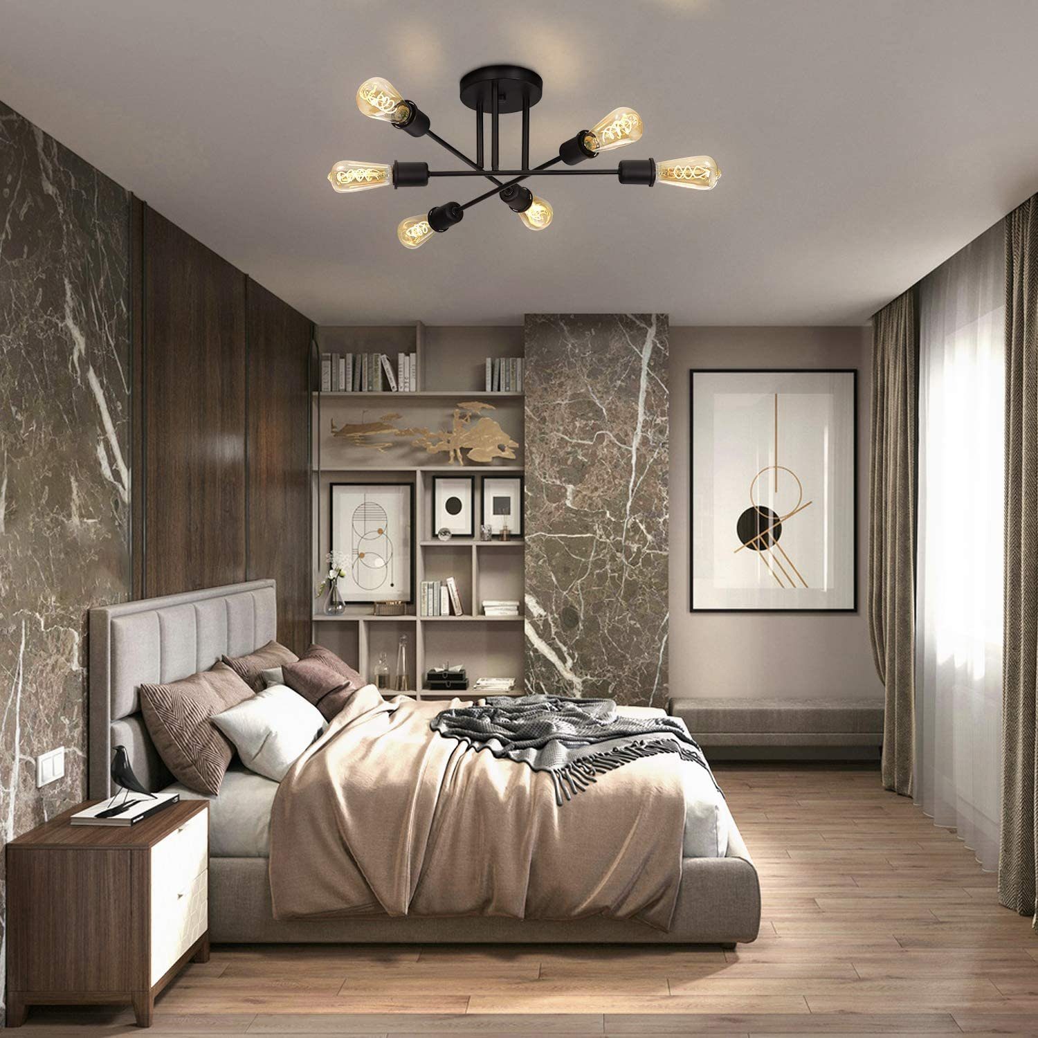 Warmweiß Wohnzimmer Deckenlampe Vintage ZMH E27, LED Flammig 6 wechselbar, Schwarz Deckenleuchte