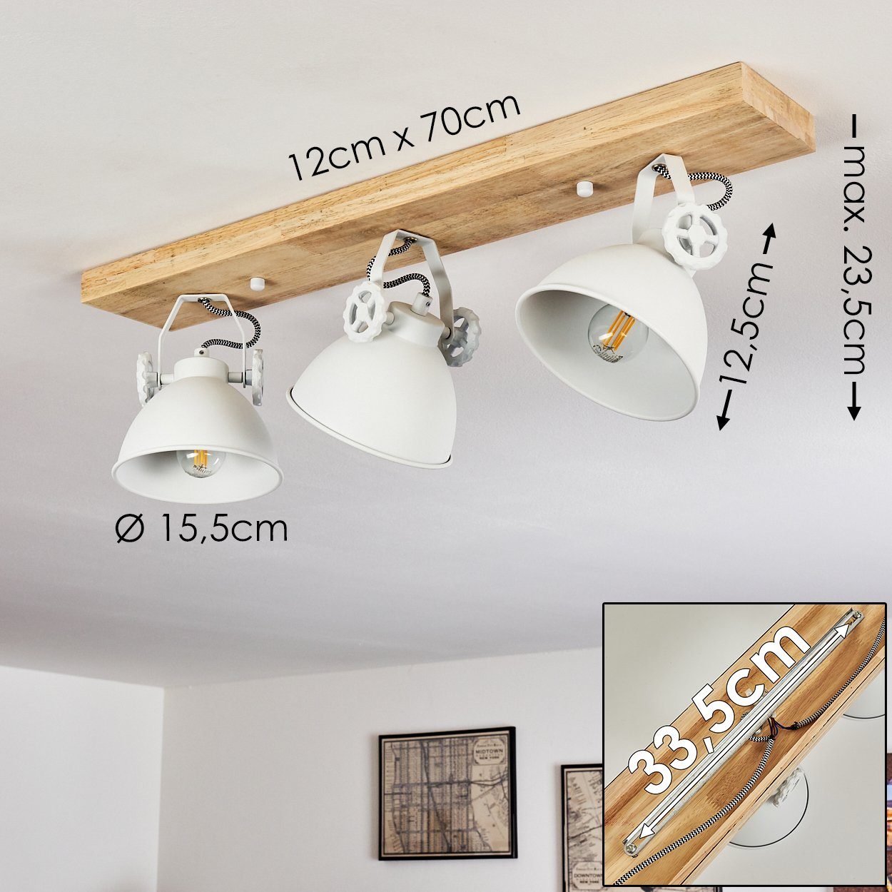 hofstein Deckenleuchte »Mot« Deckenlampe aus Metall/Holz in Weiß/Natur, ohne Leuchtmittel, mit verstellbaren Strahlern, 3xE14, Retro/Vinatge Design