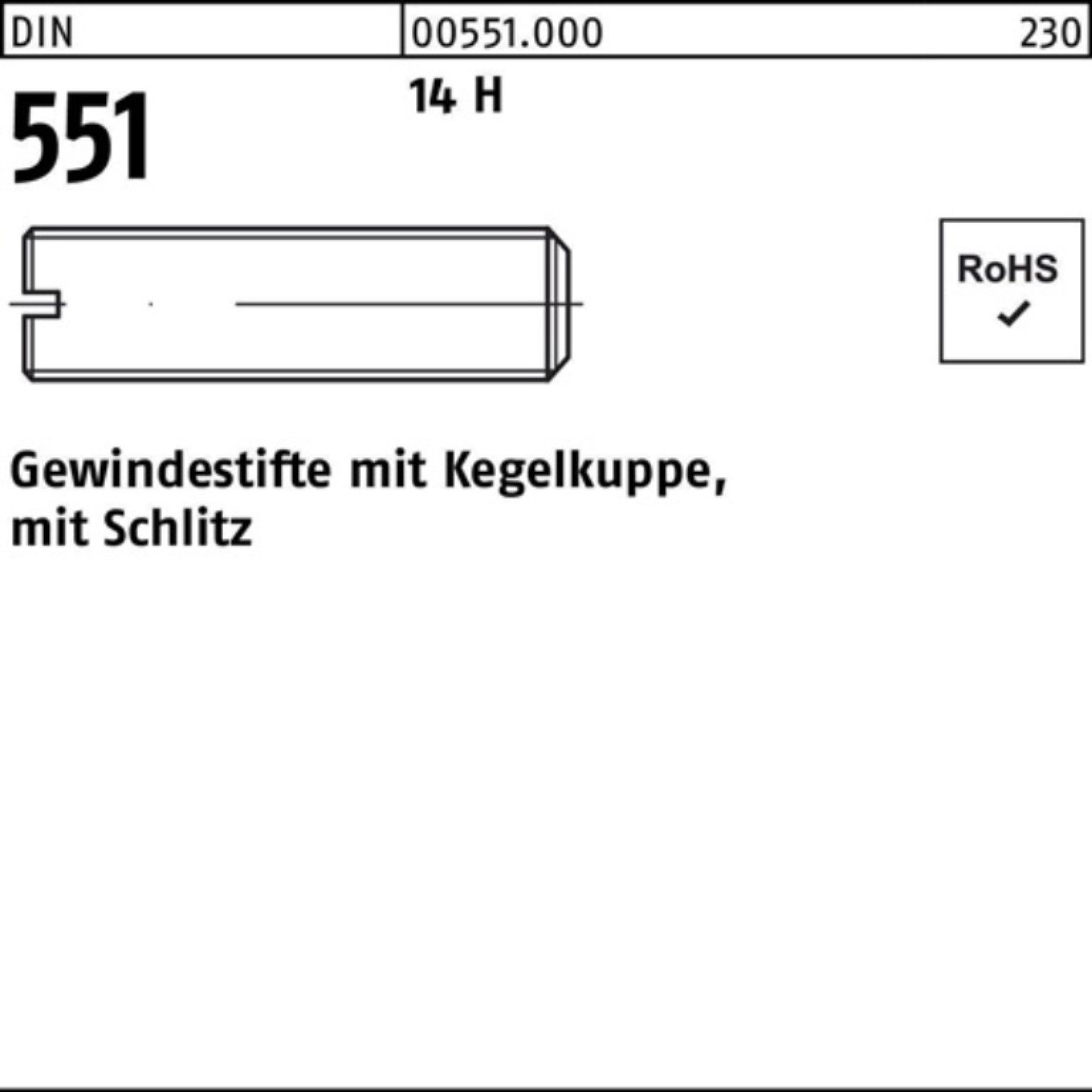 Reyher Gewindebolzen 100er Pack Gewindestift DIN 551 Kegelkuppe/Schlitz M8x 70 14 H 100 St