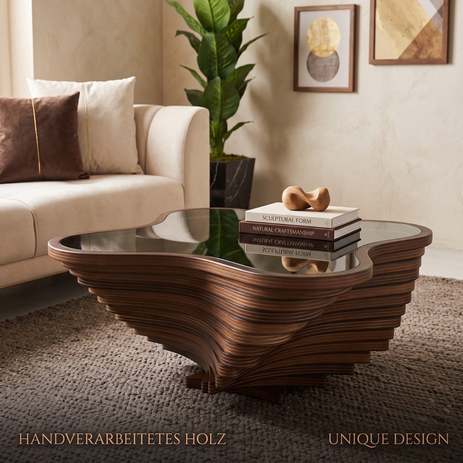 alesvelt Couchtisch Couchtisch rustikal handgefertigt Nussbaum Beistelltisch Glasplatte (1-Tisch), 90x90x39cm handgefertig Unikat Wellen-Optik MDF