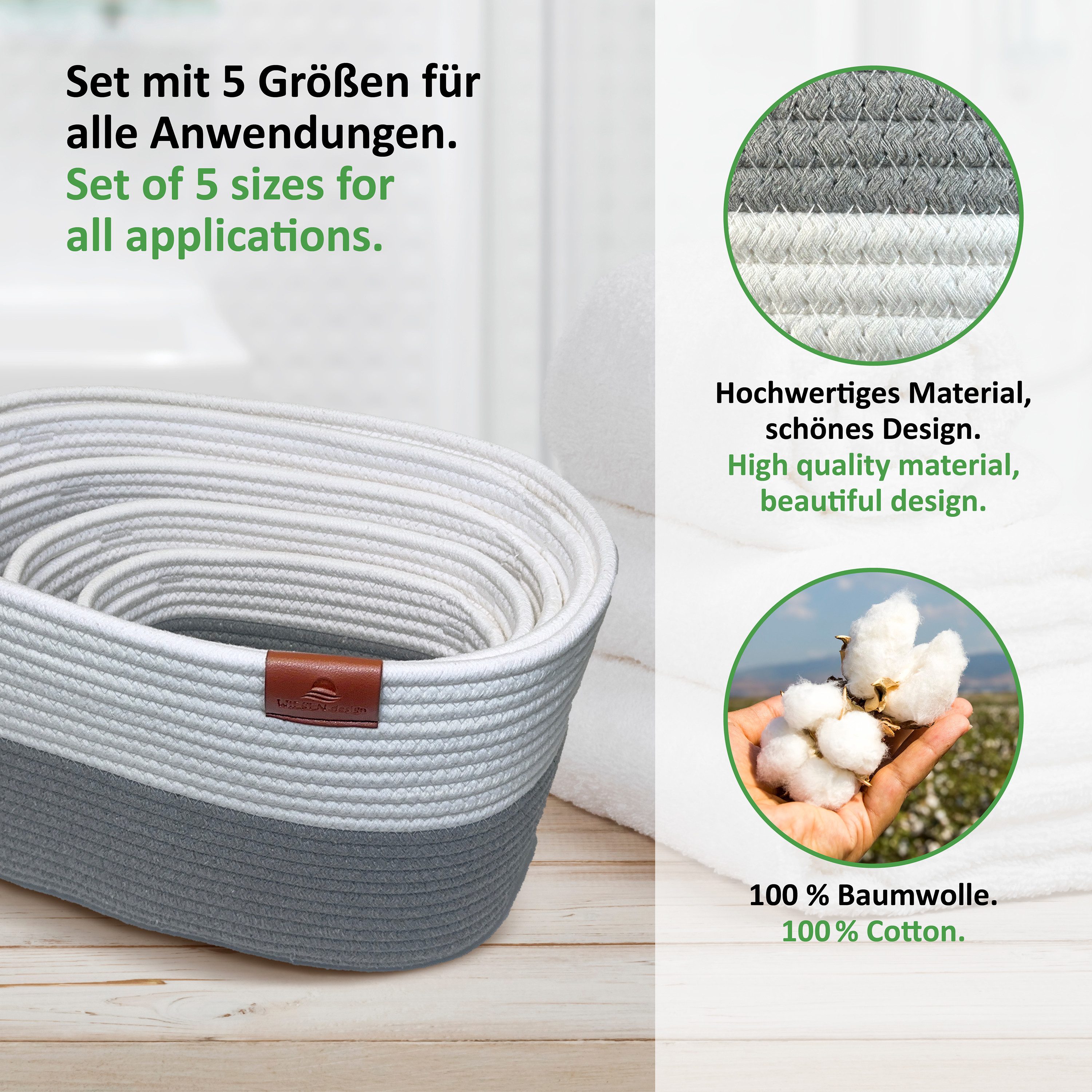 WIESEN.design Aufbewahrungskorb XXXL Korb Set MIRA 50L, Aufbewahrungskorb geflochten aus Baumwolle (Wickeltisch Organizer, Korb Aufbewahrung, Aufbewahrung Bad, Korb geflochten, Bad Organizer), inkl. schwerem Wäschesack, gratis Versand