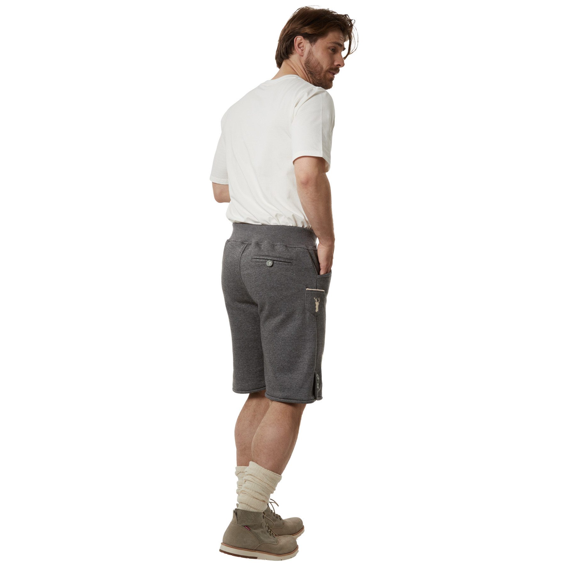 dressforfun Trachtenhose Stylische kurze Oktoberfest-Hose in Leder-Optik aus weichem Fleece (Herrenhose Luka, für Volksfeste in Grau) Elegante Stickereien mit Edelweiß-Motiven, 2 praktische Hosentaschen