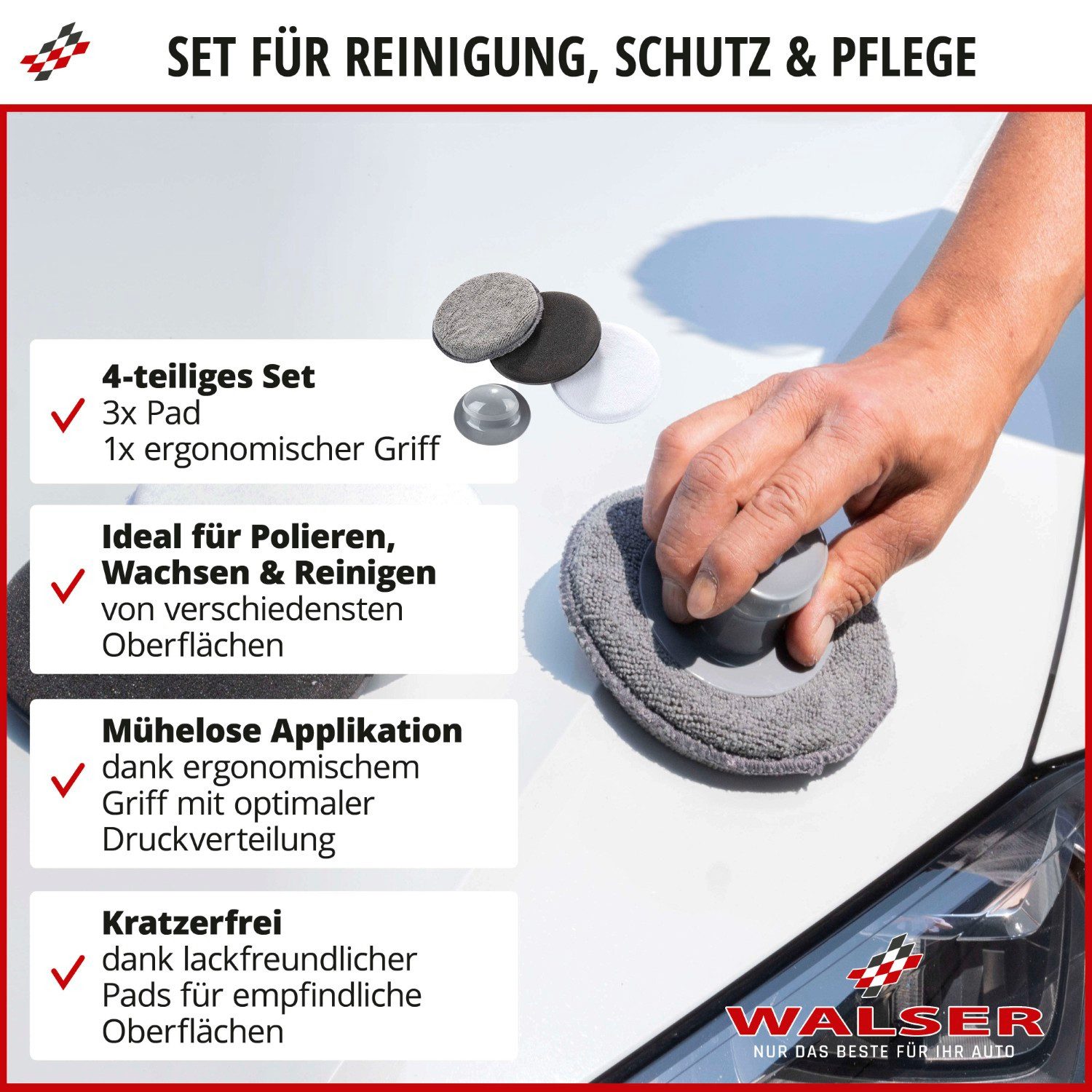 WALSER Polierpad Profi Set 3x Applikator Pads + Griff Mikrofaser, Auto Polierpad Schwamm Hand Pad Kissen Politur Wachs Reinigung Pflege