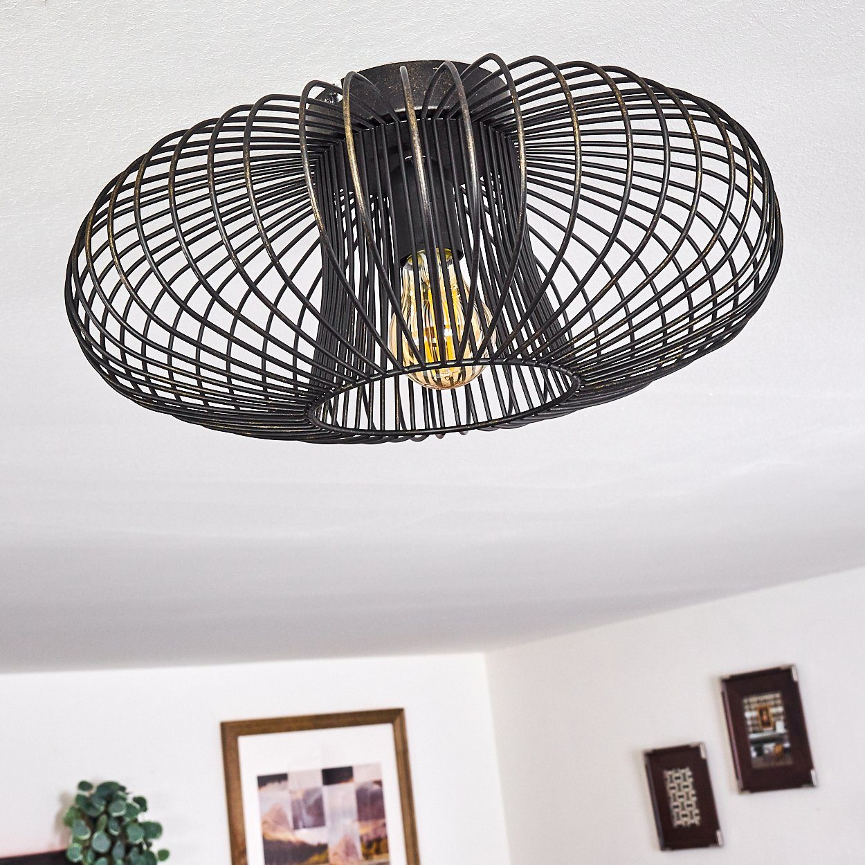 hofstein Deckenleuchte »Pieris« runde Deckenlampe aus Metall in Schwarz/Gold, ohne Leuchtmittel, E27, Retro-Leuchte mit Lichteffekt durch Gitter-Optik – Bild 2 von 5